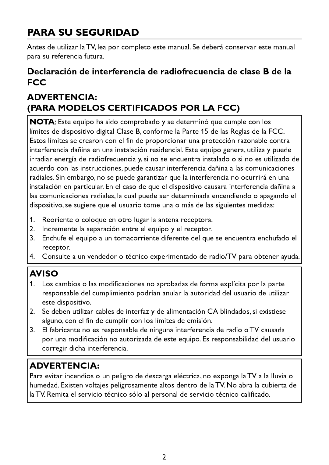 Haier LE42D2380, LE46D2380, LE32D2320 Para SU Seguridad, FCC Advertencia Para Modelos Certificados POR LA FCC, Aviso 