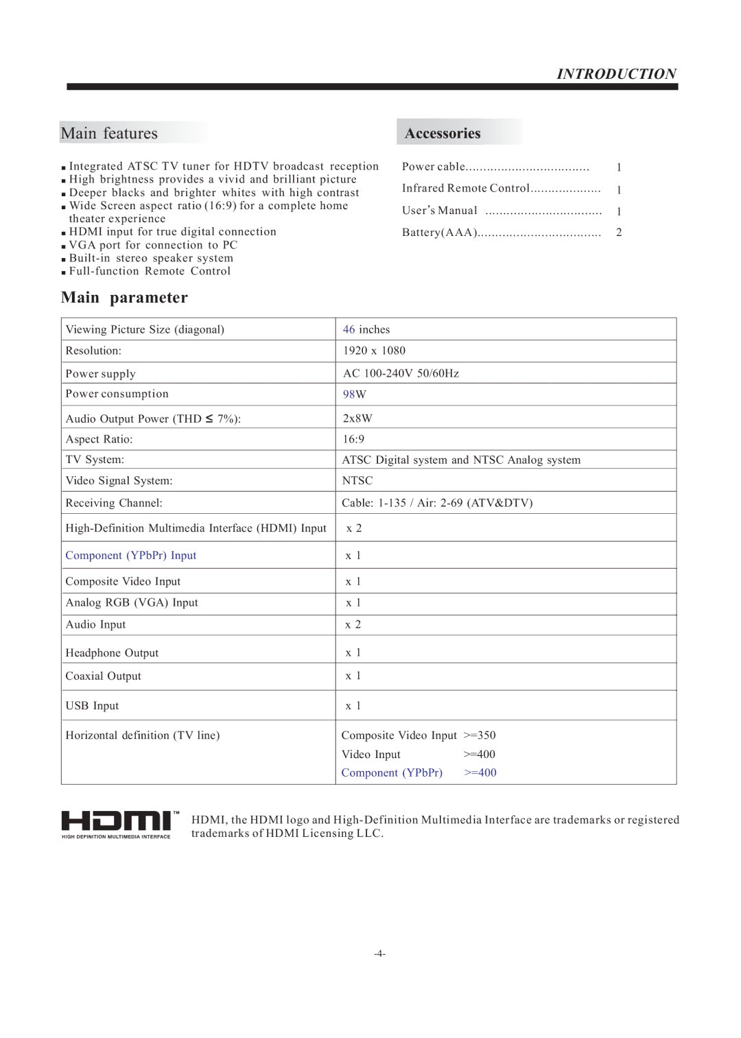 Haier LE46F2280 manual Introduction, Accessories 