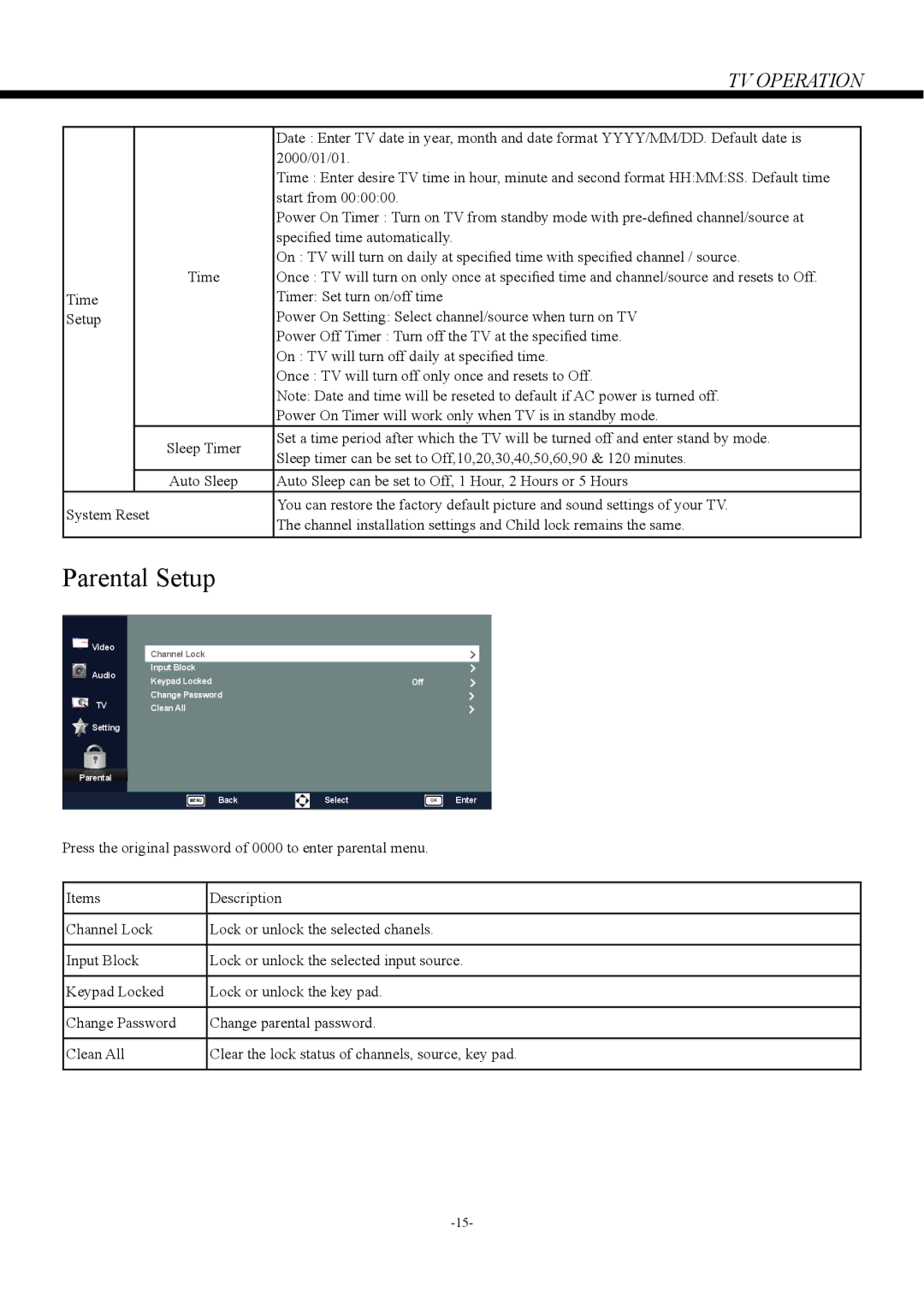 Haier LE50V600, LE46V600, LE32V600 owner manual Parental Setup, Auto Sleep can be set to Off, 1 Hour, 2 Hours or 5 Hours 