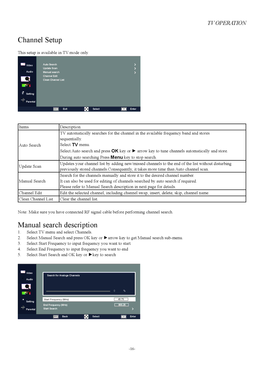 Haier LE32V600, LE46V600, LE50V600 Channel Setup, Manual search description, This setup is available in TV mode only 