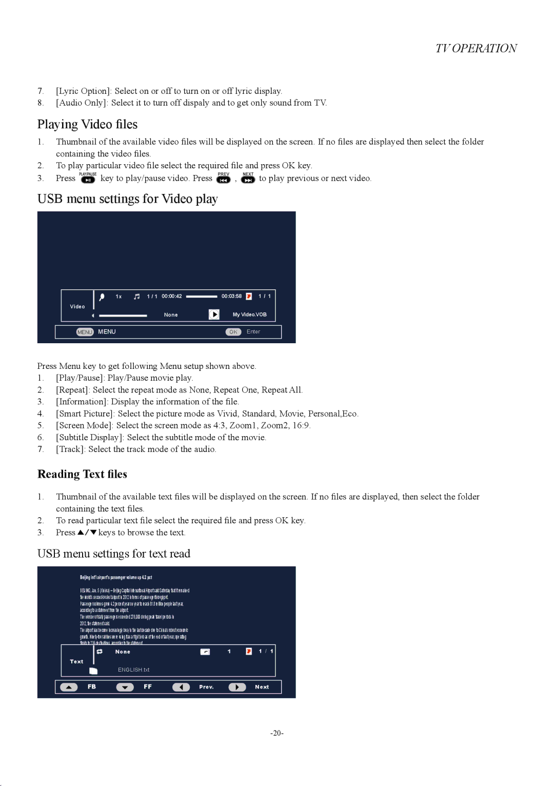 Haier LE46V600, LE50V600, LE32V600 owner manual Playing Video files, USB menu settings for Video play 