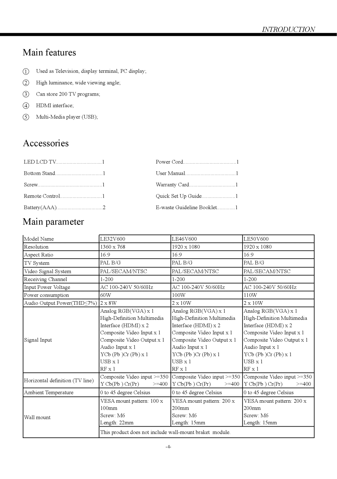 Haier LE32V600, LE46V600, LE50V600 owner manual Main features, Accessories, Main parameter 