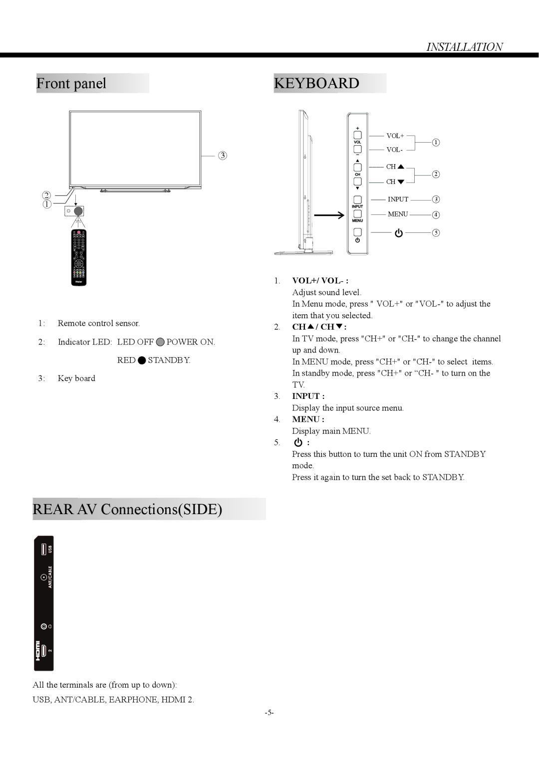 Haier LE46V600, LE50V600, LE32V600 owner manual Front panel, Rear AV ConnectionsSIDE, RED Standby 