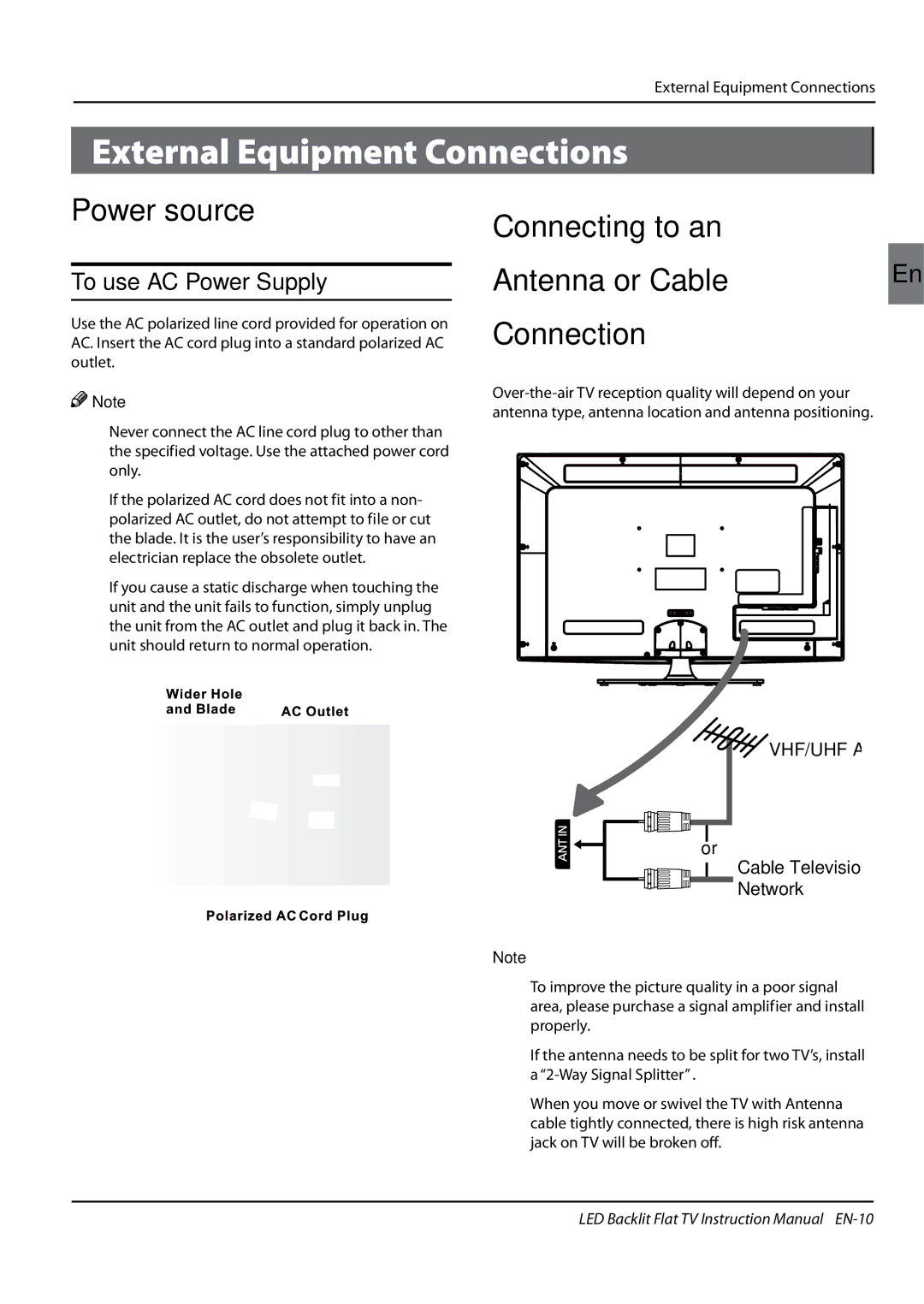 Haier LE42H5000, LE47H5000, LE55H5000 Power source, Connecting to an Antenna or Cable Connection, To use AC Power Supply 