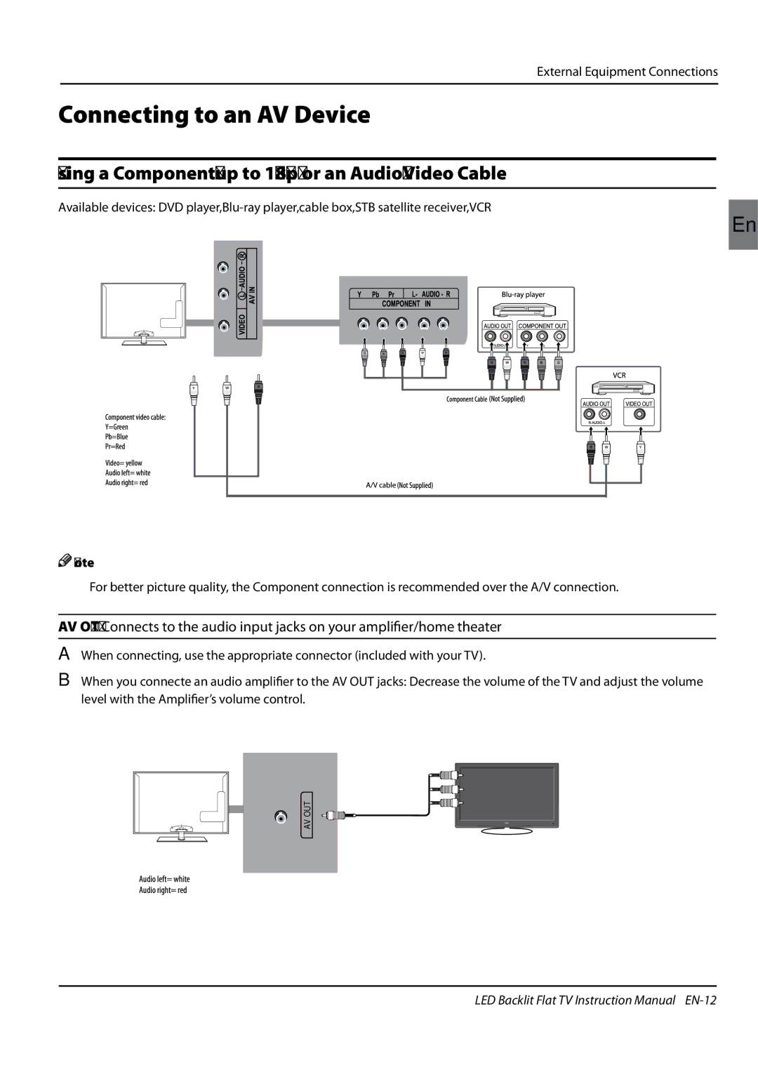 Haier LE55H5000, LE47H5000, LE42H5000 manual Connecting to an AV Device, Using a Componentup to 1080p or an Audio/Video Cable 