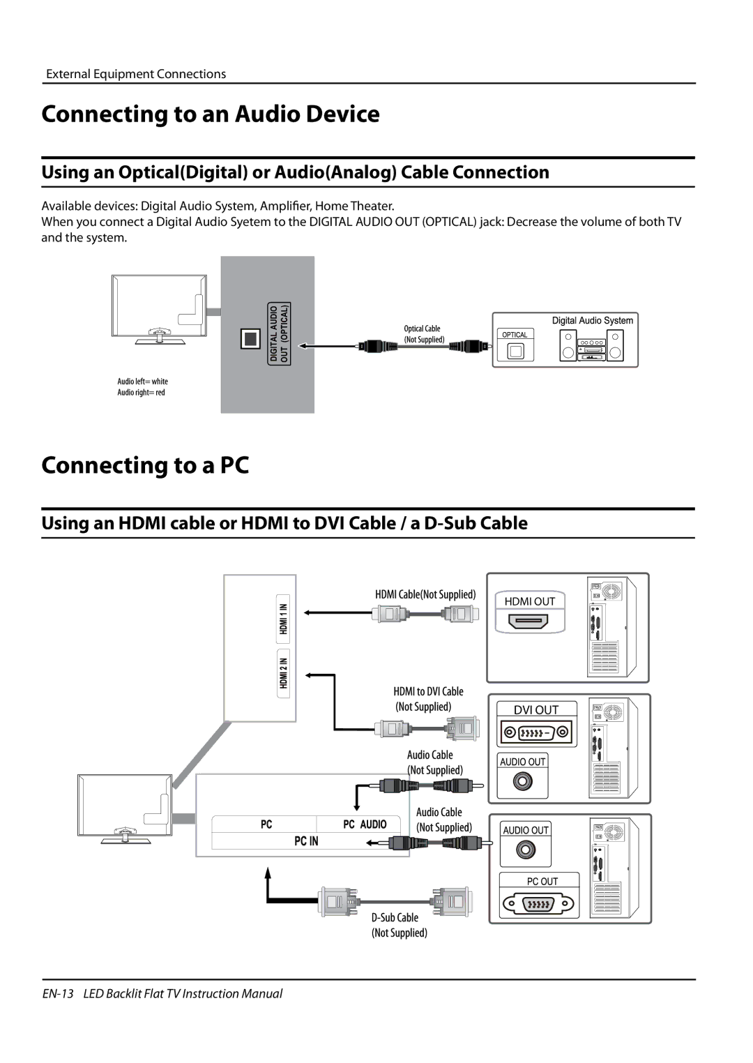 Haier LE42H5000 Connecting to an Audio Device, Connecting to a PC, Using an OpticalDigital or AudioAnalog Cable Connection 