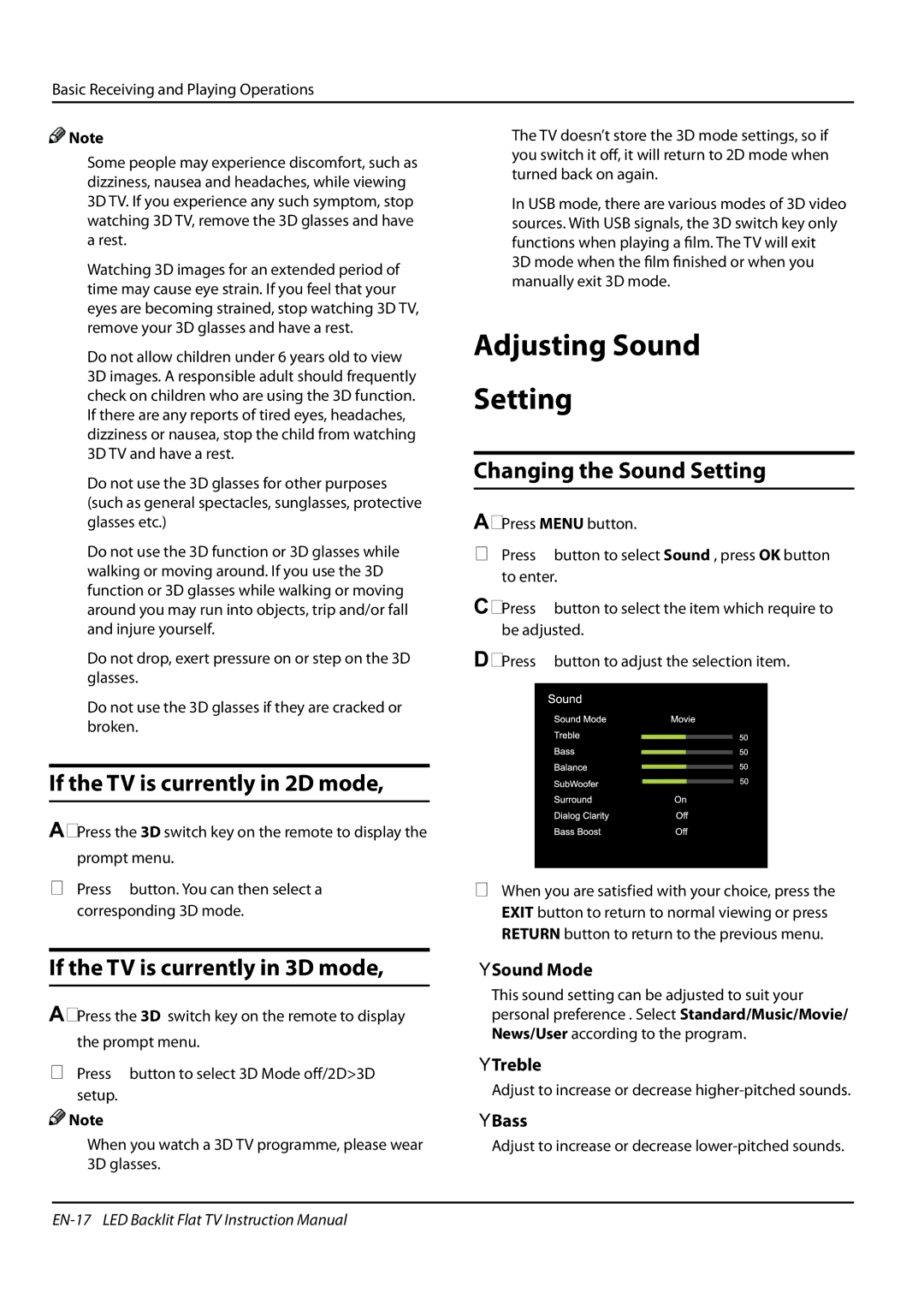 Haier LE47H5000, LE55H5000, LE42H5000 Adjusting Sound, Changing the Sound Setting, If the TV is currently in 2D mode 