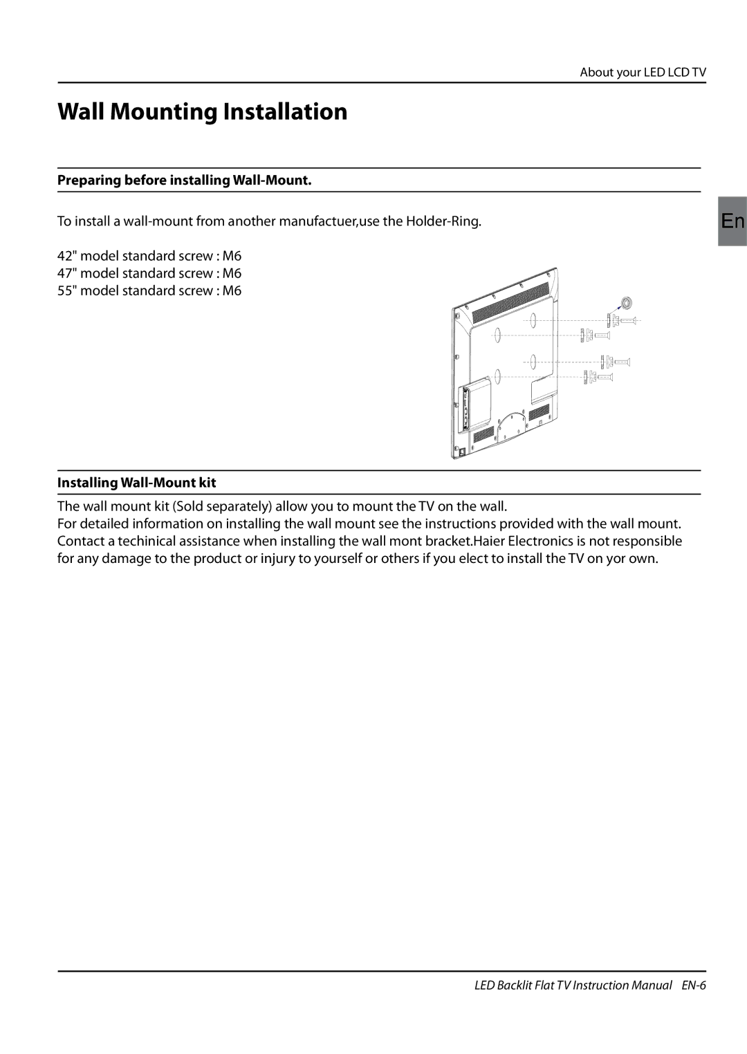 Haier LE55H5000, LE47H5000 Wall Mounting Installation, Preparing before installing Wall-Mount, Installing Wall-Mount kit 