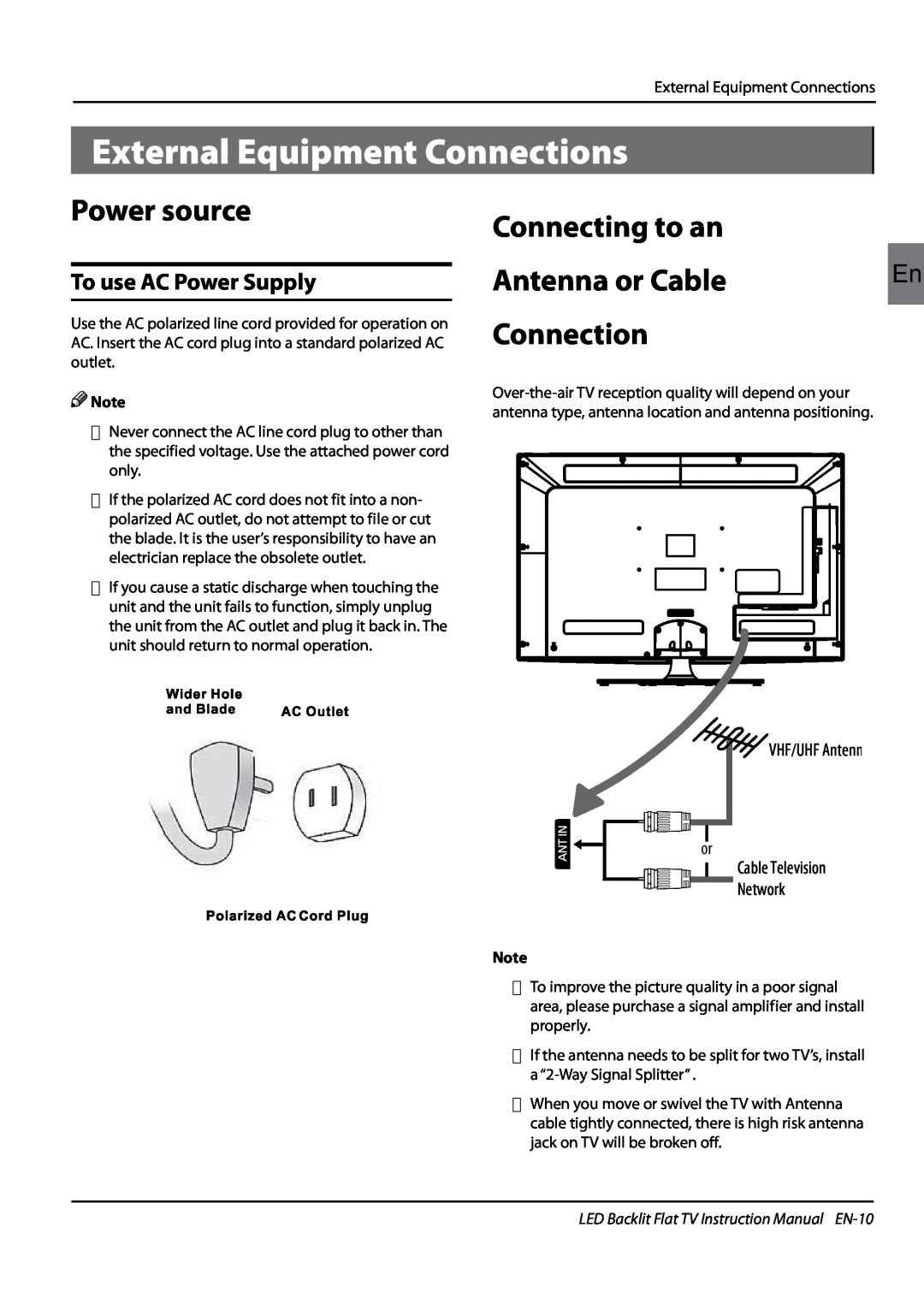 Haier LE42H5000 External Equipment Connections, Power source, Connecting to an, Antenna or Cable, To use AC Power Supply 