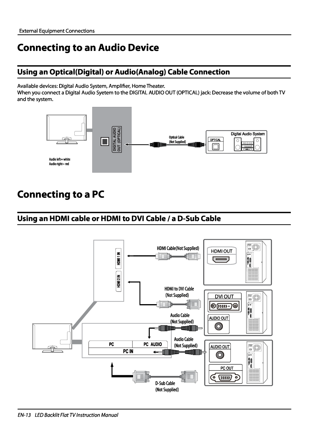 Haier LE42H5000 Connecting to an Audio Device, Connecting to a PC, Using an OpticalDigital or AudioAnalog Cable Connection 
