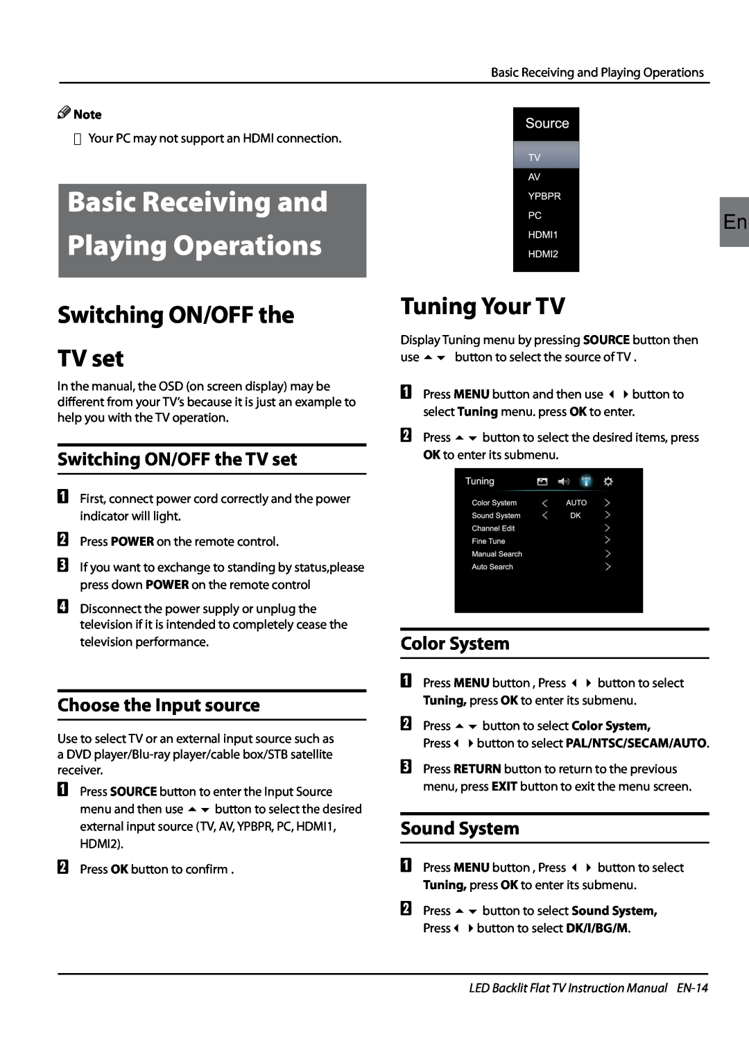 Haier LE47H5000 manual Switching ON/OFF the TV set, Tuning Your TV, Choose the Input source, Color System, Sound System 