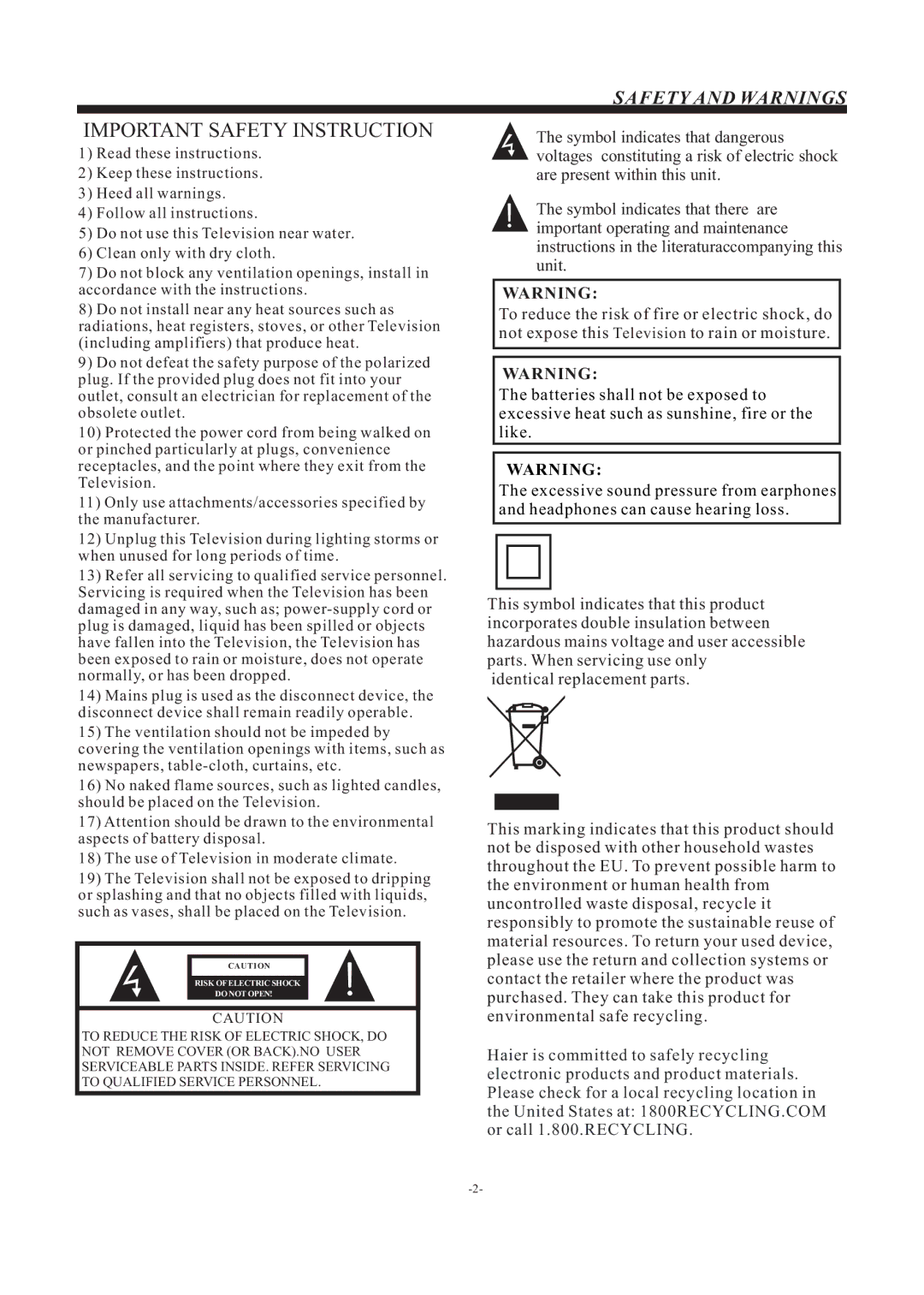 Haier LE50F2280 manual Important Safety Instruction, Safety and Warnings 