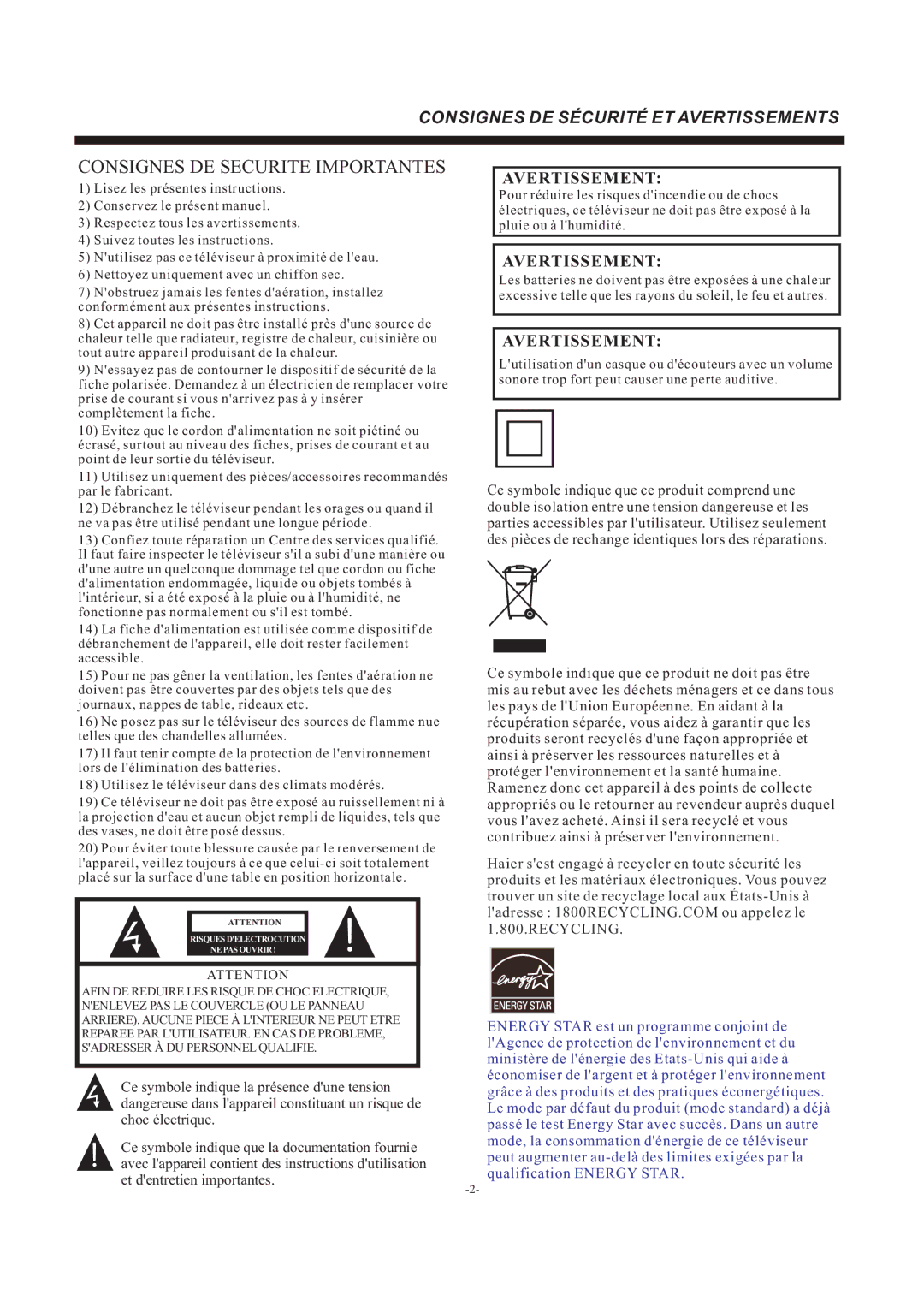 Haier LE55F32800 manual Consignes DE Securite Importantes 