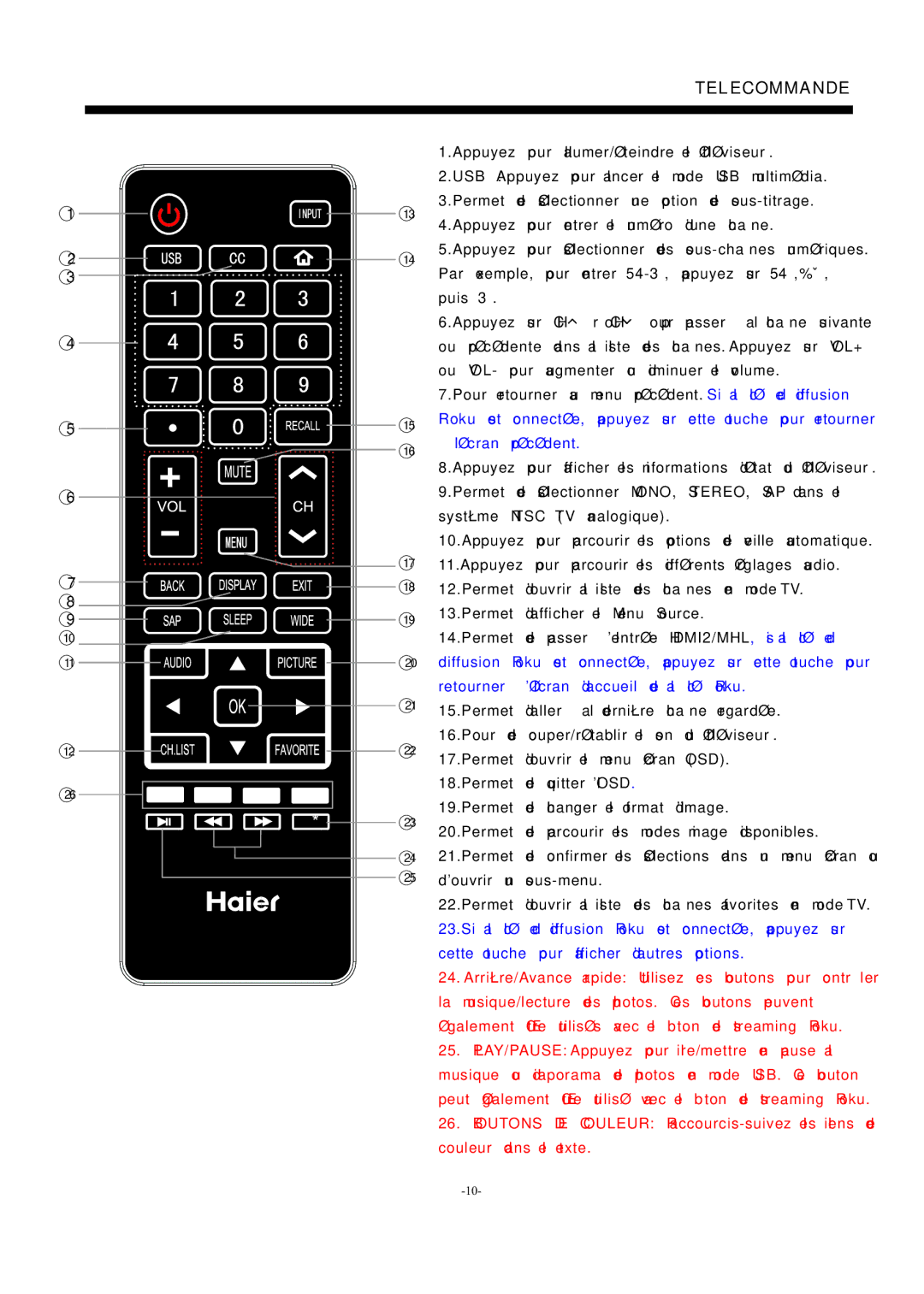 Haier LE55F32800 manual Telecommande 