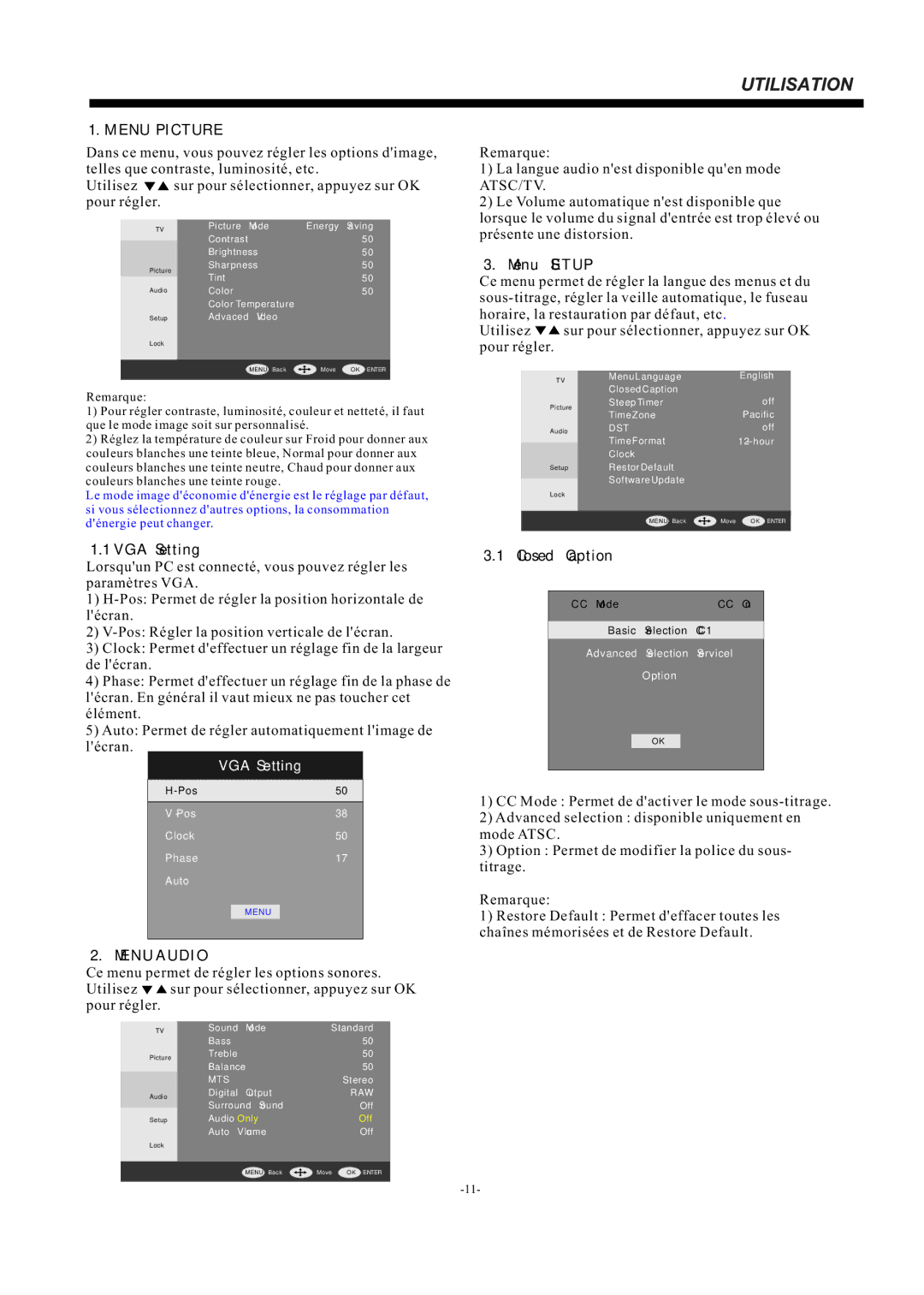 Haier LE55F32800 manual Menu Picture, Menu Setup, Menu Audio, Closed Caption 