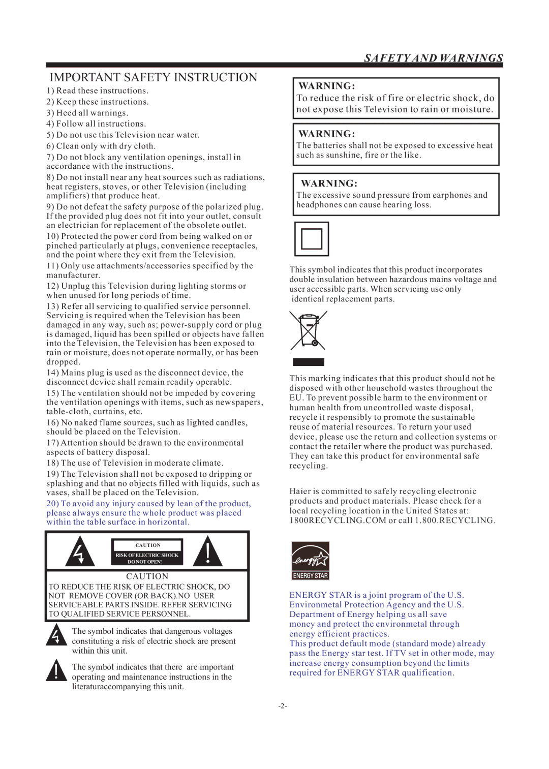 Haier LE55F32800 manual Important Safety Instruction 