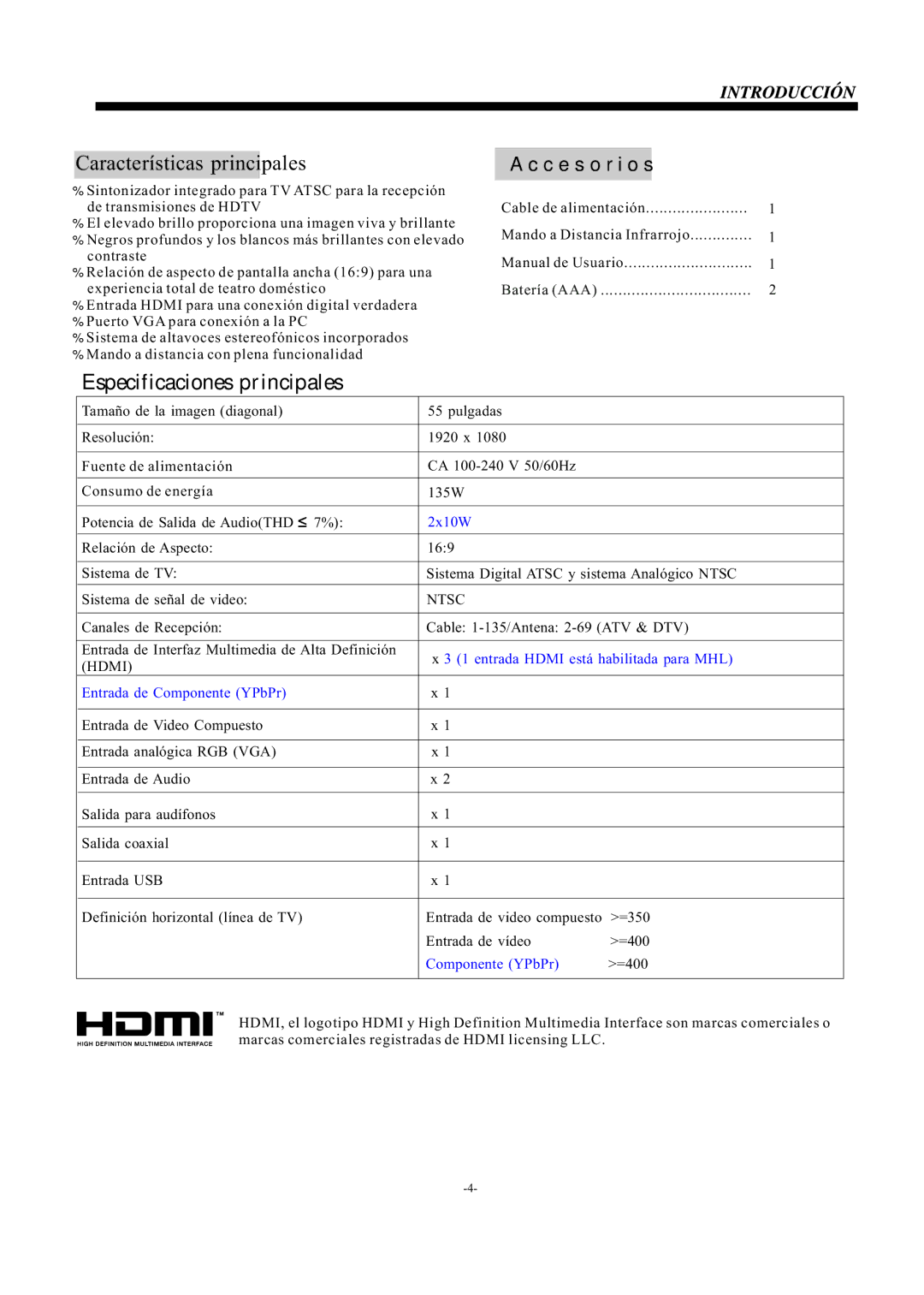 Haier LE55F32800 manual Especificaciones principales 