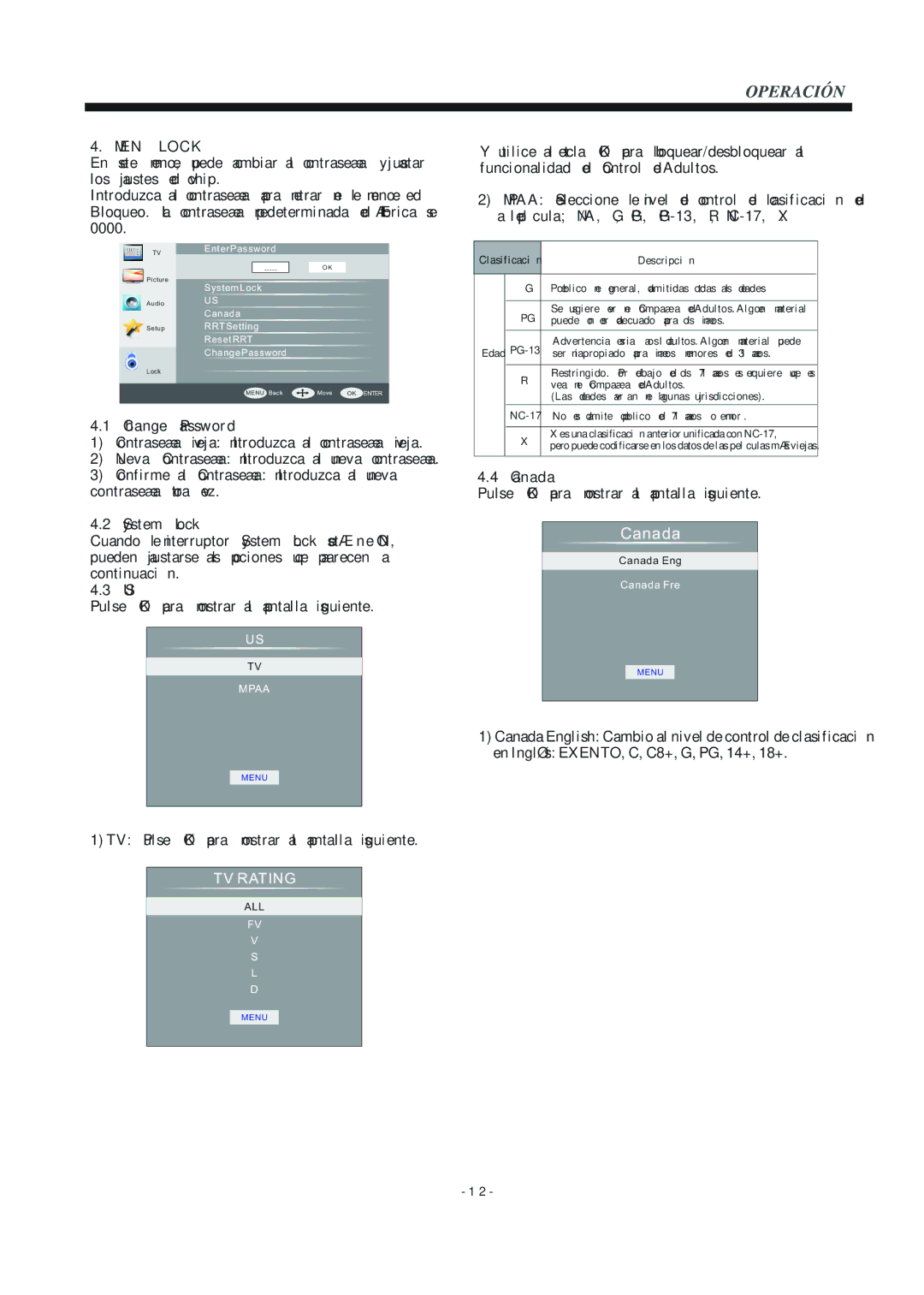 Haier LE55F32800 manual Menú Lock, Clasificación Descripción 