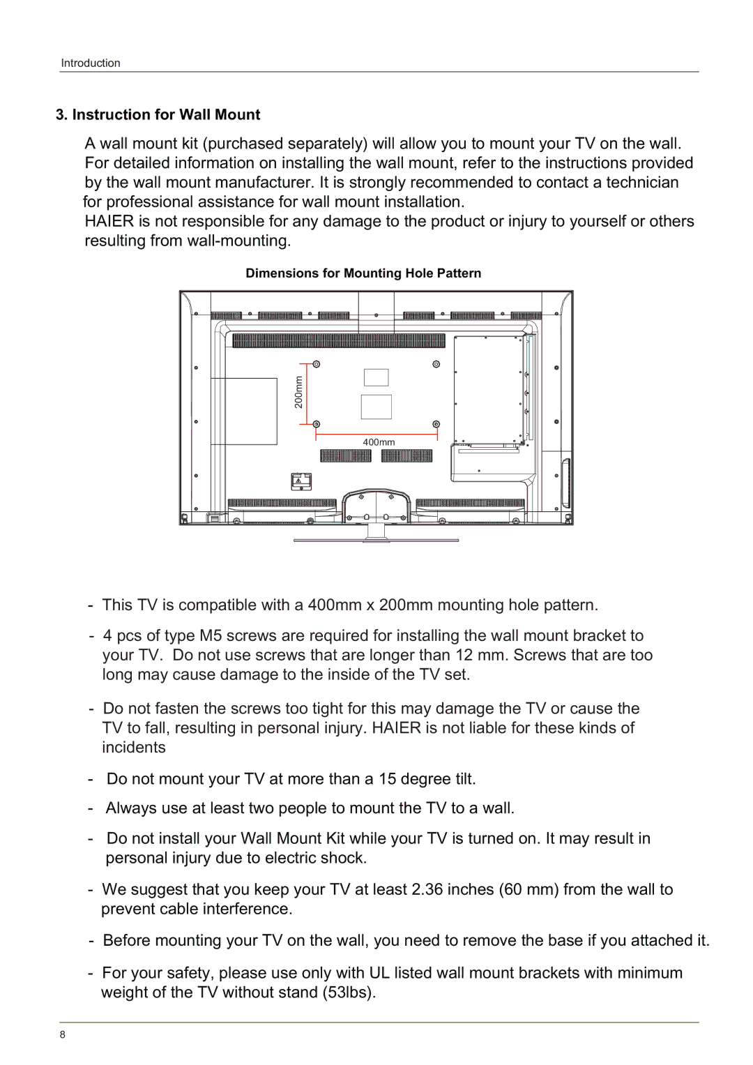 Haier LE58F3281 manual Instruction for Wall Mount 