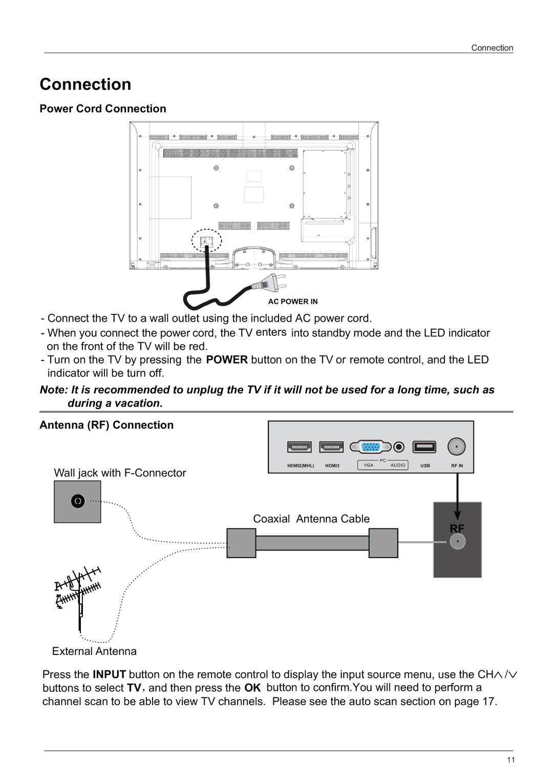 Haier LE58F3281 manual Power Cord Connection, Antenna RF Connection 