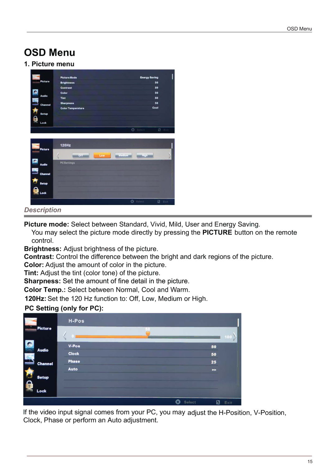 Haier LE58F3281 manual OSD Menu, Picture menu, Sharpness, PC Setting only for PC 