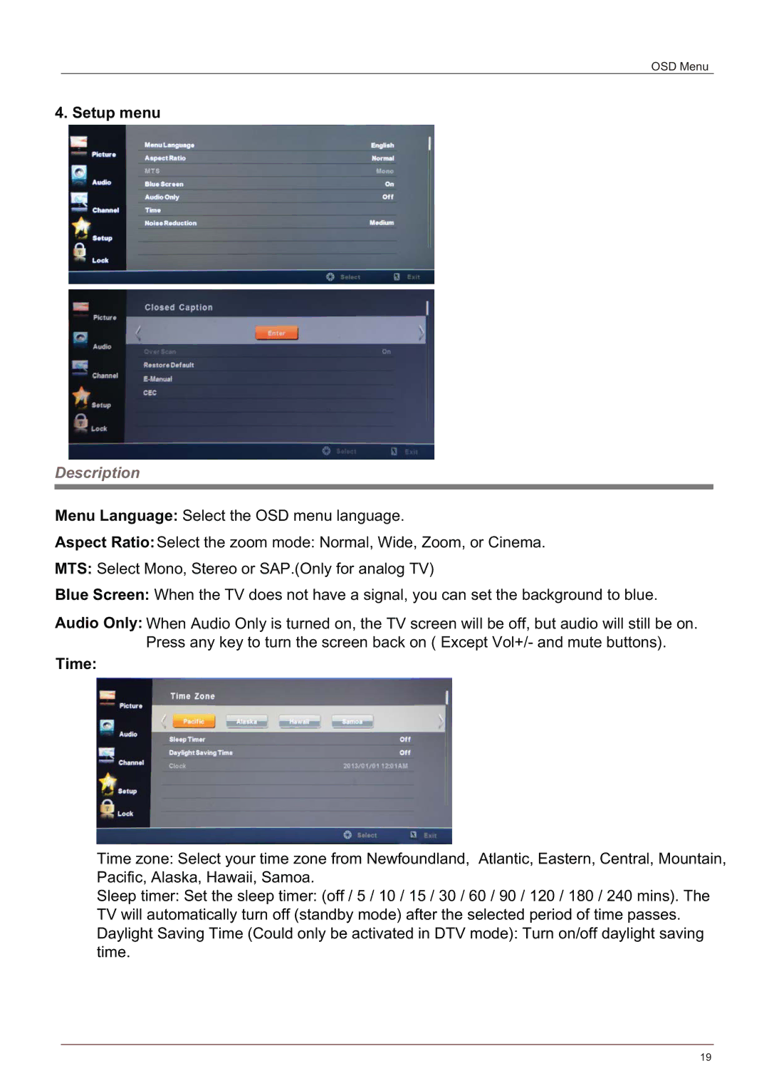 Haier LE58F3281 manual Setup menu, Time 