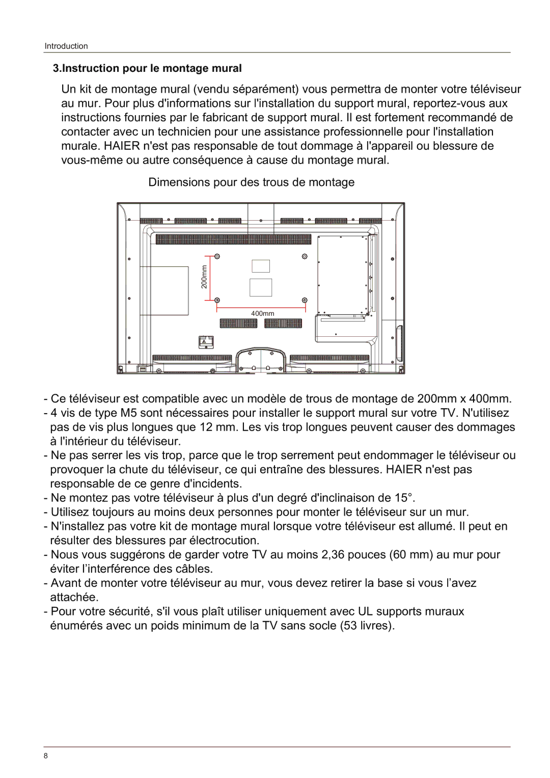 Haier LE58F3281 manual Instruction pour le montage mural 