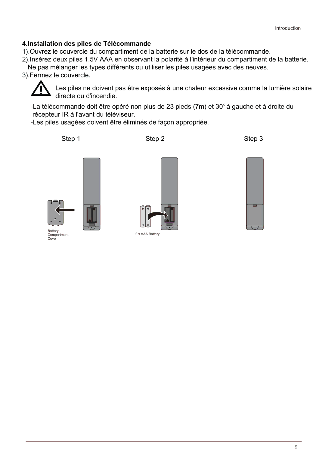 Haier LE58F3281 manual Installation des piles de Télécommande 