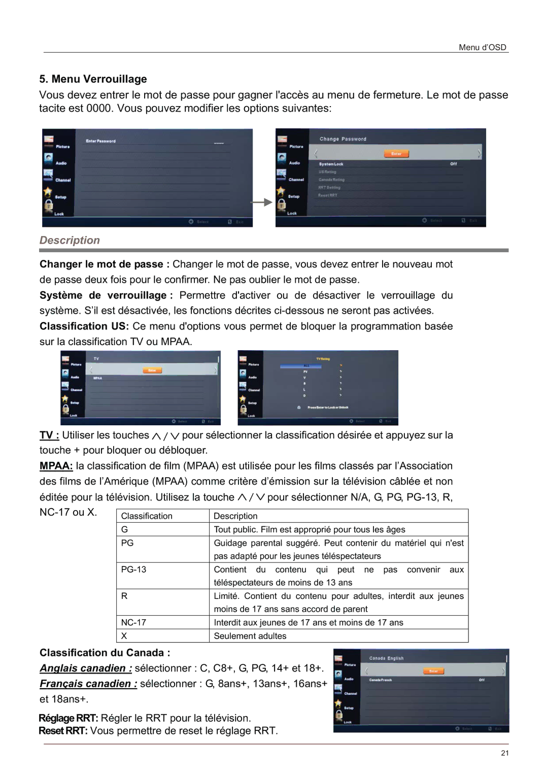 Haier LE58F3281 manual Menu Verrouillage, Classification du Canada 