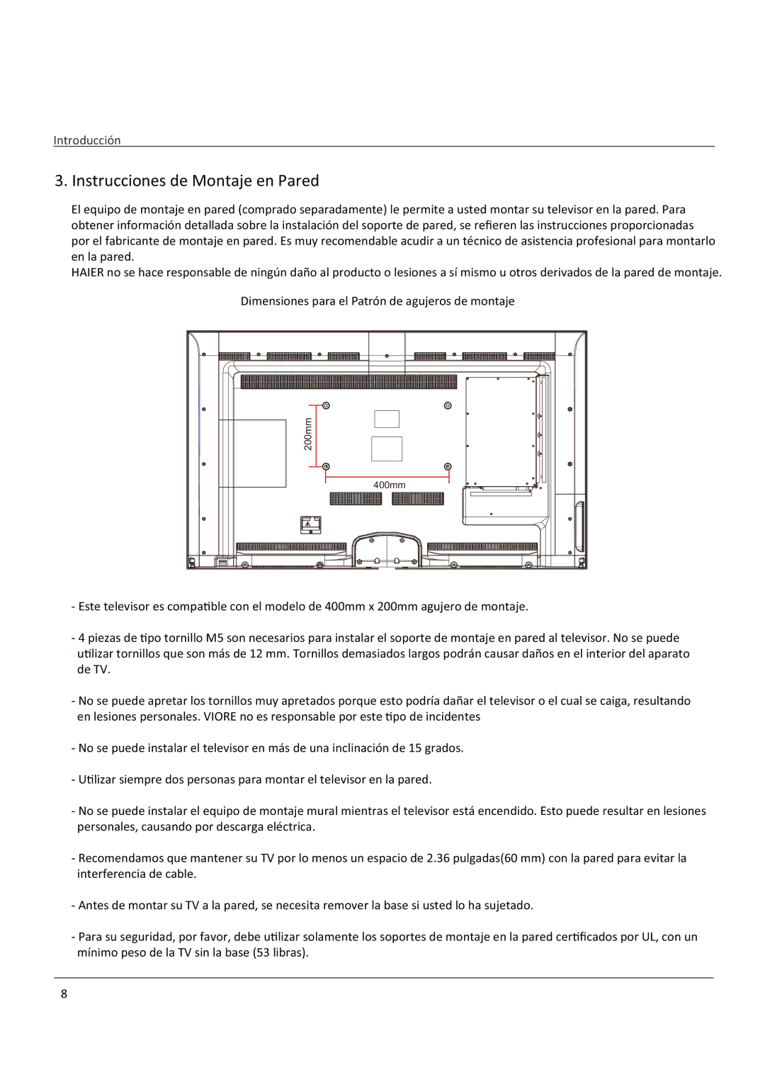 Haier LE58F3281 manual Instrucciones de Montaje en Pared 