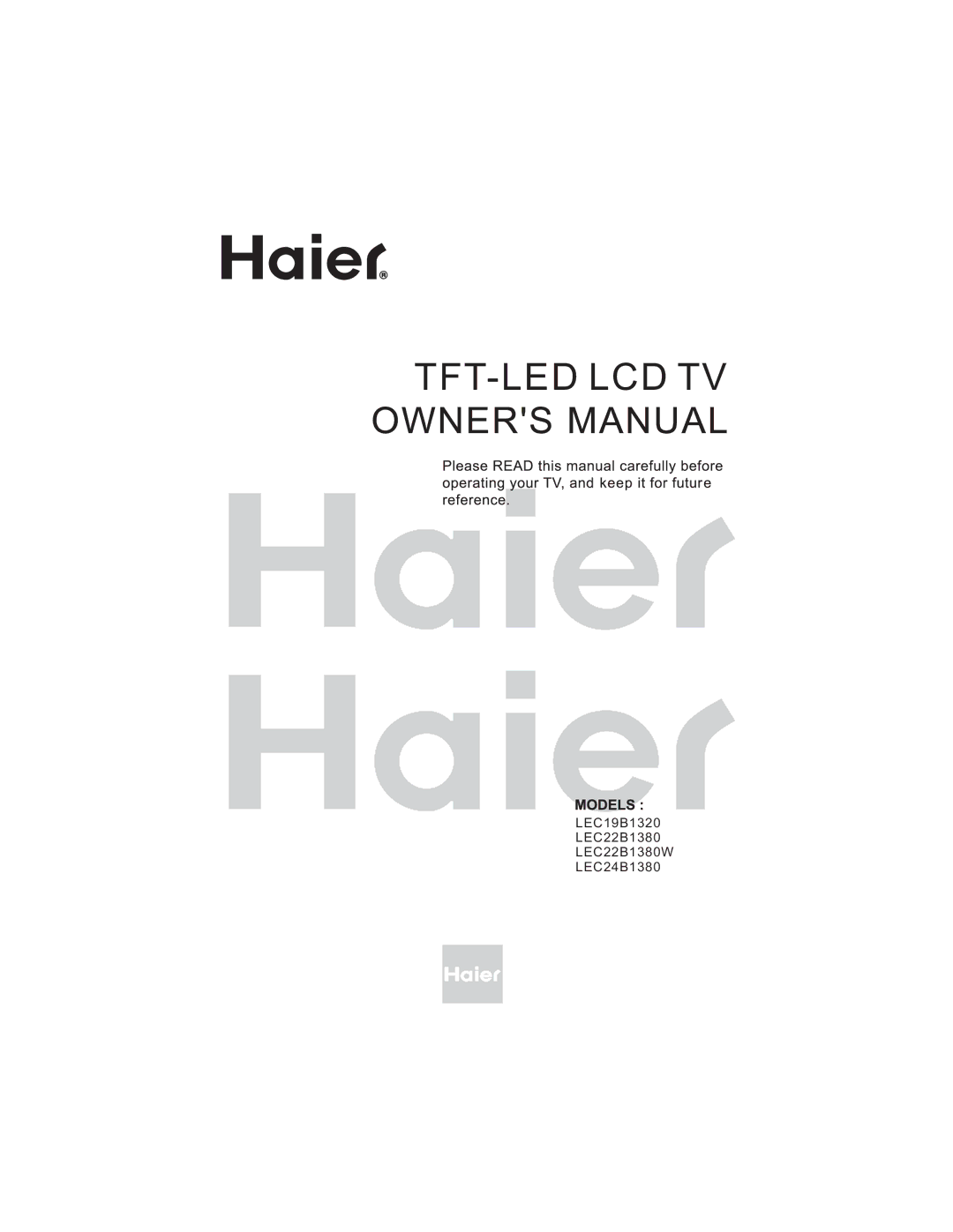 Haier LEC19B1320, LEC24B1380, LEC22B1380W manual Tft-Led Lcd Tv 