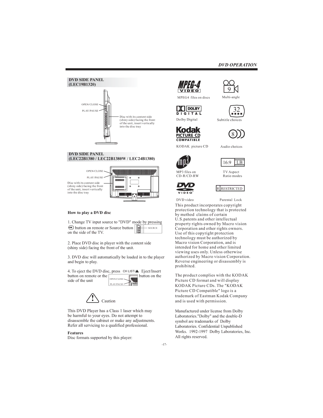 Haier LEC24B1380, LEC22B1380W manual DVD Operation, DVD Side Panel LEC19B1320 