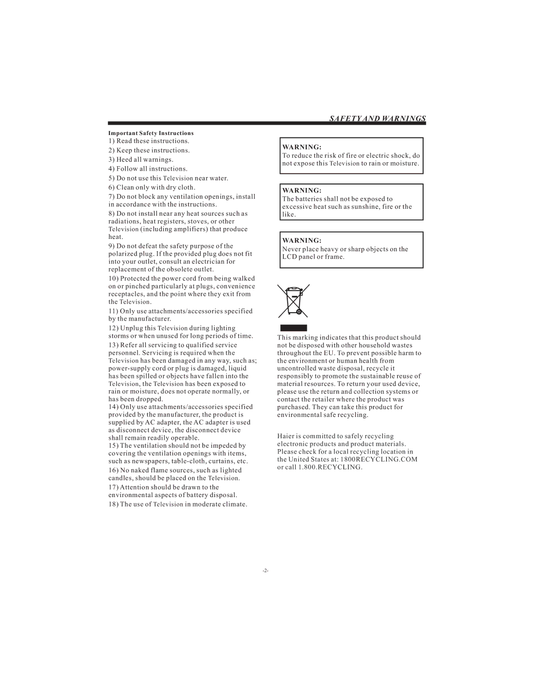 Haier LEC22B1380W, LEC24B1380, LEC19B1320 manual Safety and Warnings 