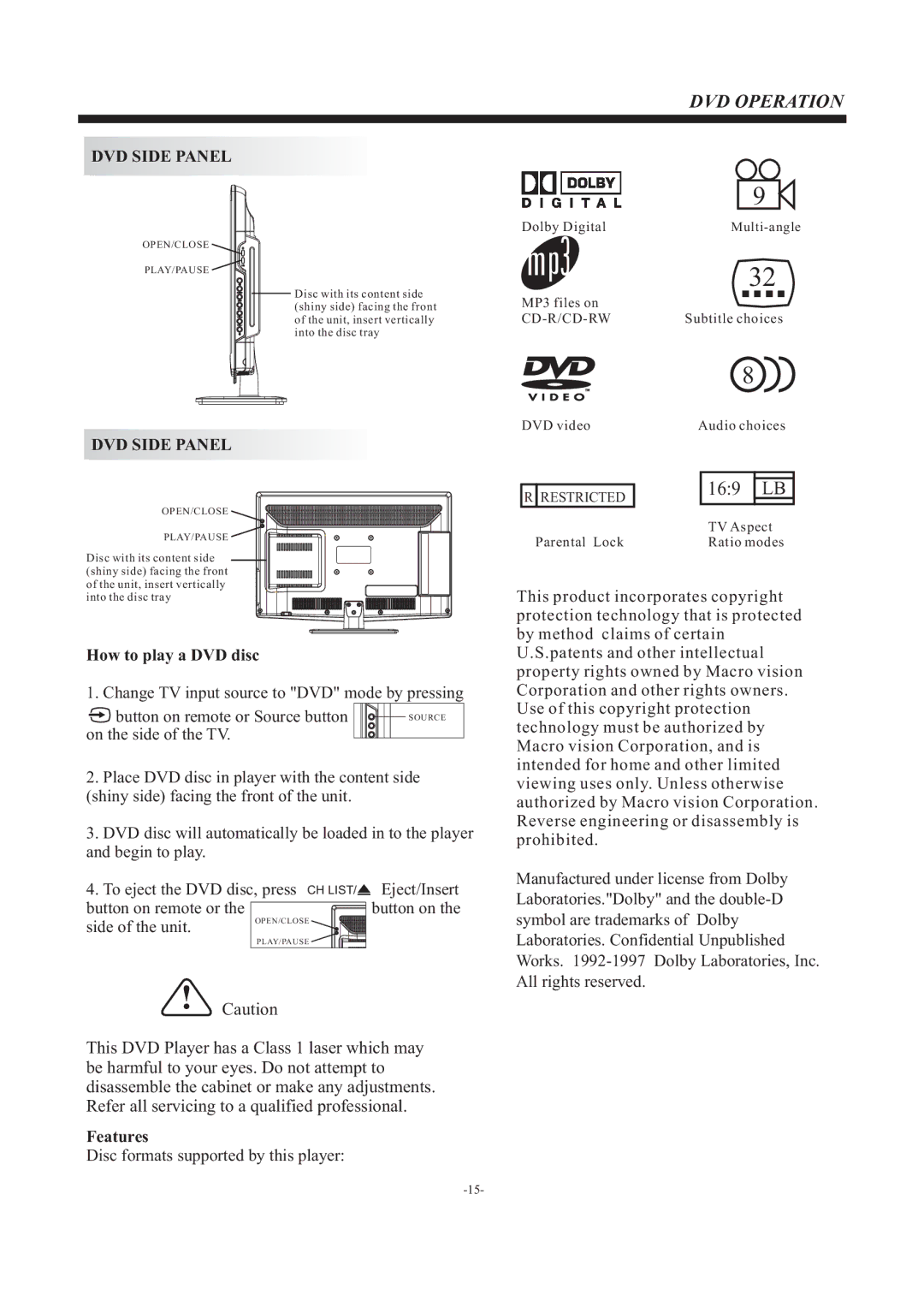 Haier LEC24B3320 manual DVD Operation, DVD Side Panel 