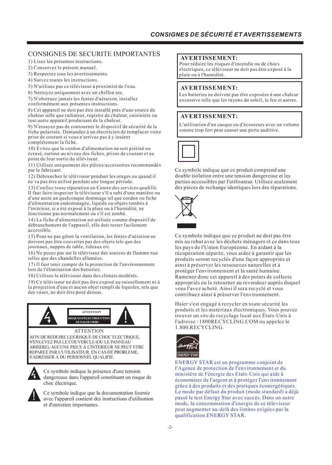 Haier LEC24B3320 manual Consignes DE Securite Importantes, Avertissement 