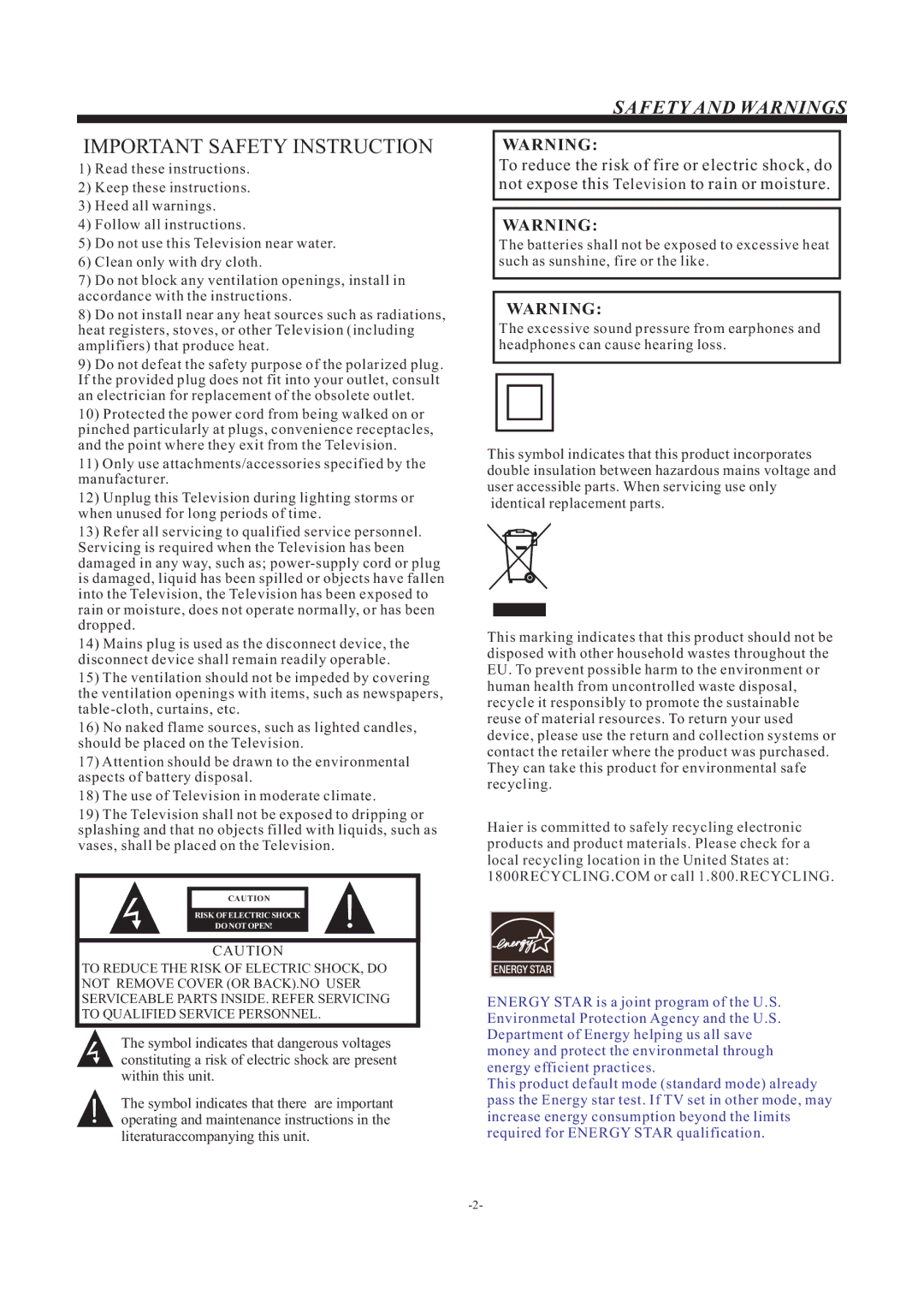 Haier LEC24B3320 manual Important Safety Instruction, Safety and Warnings 