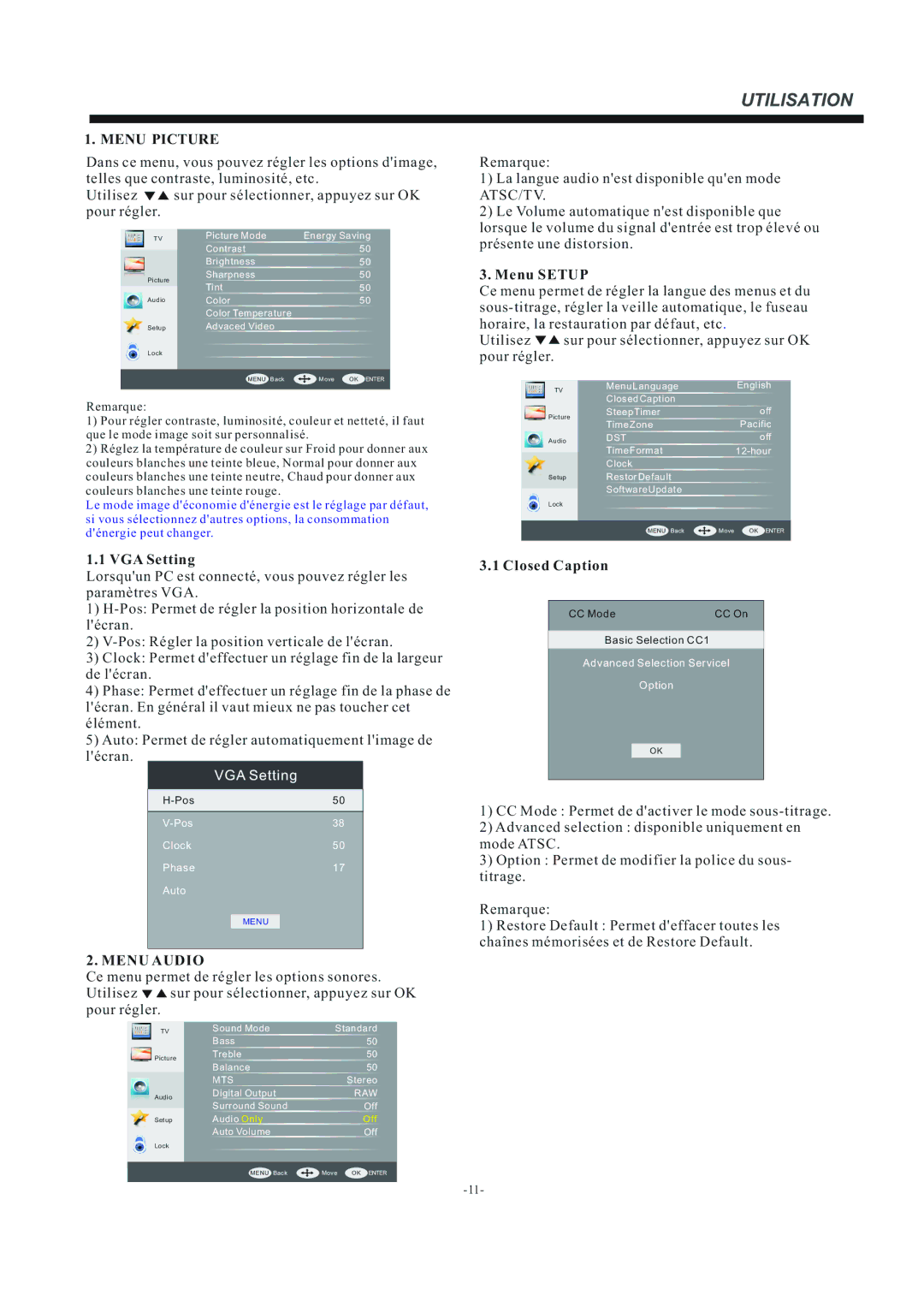 Haier LEC24B3320 manual Menu Picture, Menu Setup, Menu Audio, Closed Caption 