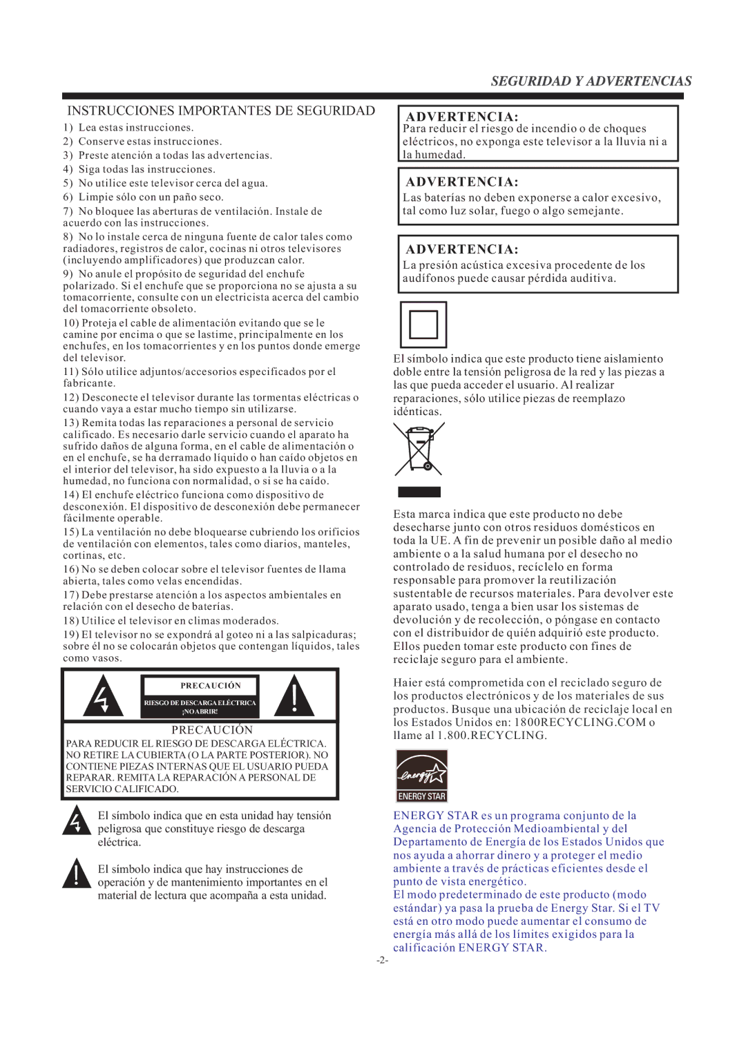 Haier LEC24B3320 manual Instrucciones Importantes DE Seguridad, Advertencia 