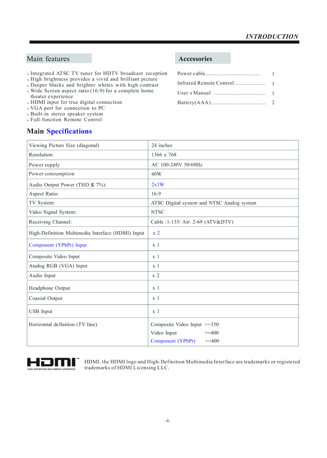 Haier LEC24B3320 manual Introduction, Accessories 