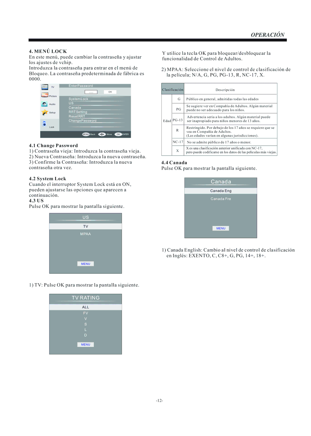 Haier LEC24B3320 manual Menú Lock, Clasificación Descripción 