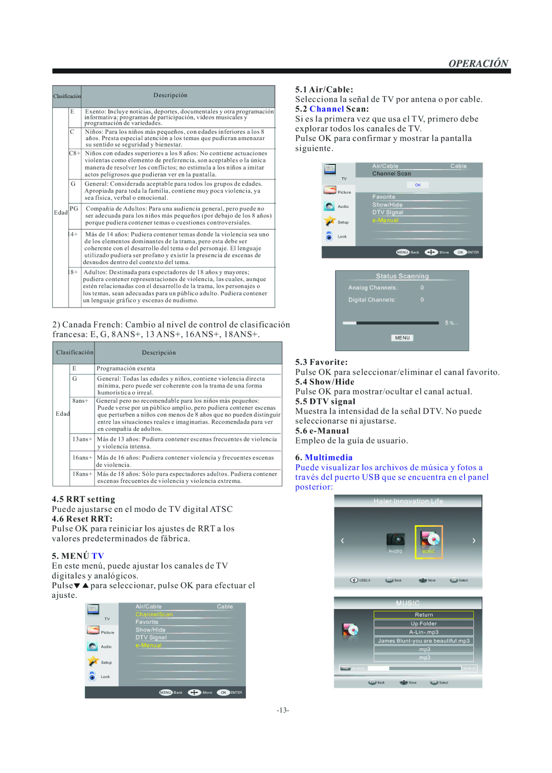 Haier LEC24B3320 manual Menú TV, Manual 