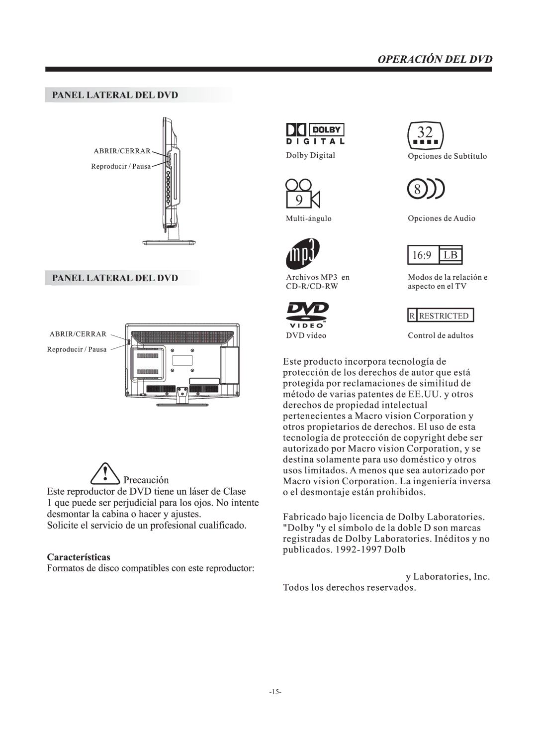 Haier LEC24B3320 manual Panel Lateral DEL DVD 