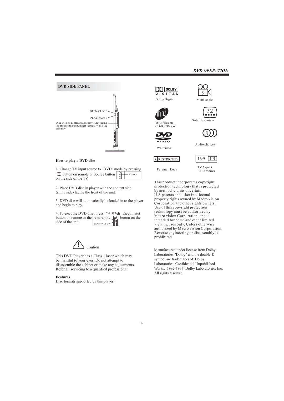 Haier LEC32B33200 manual DVD Operation 