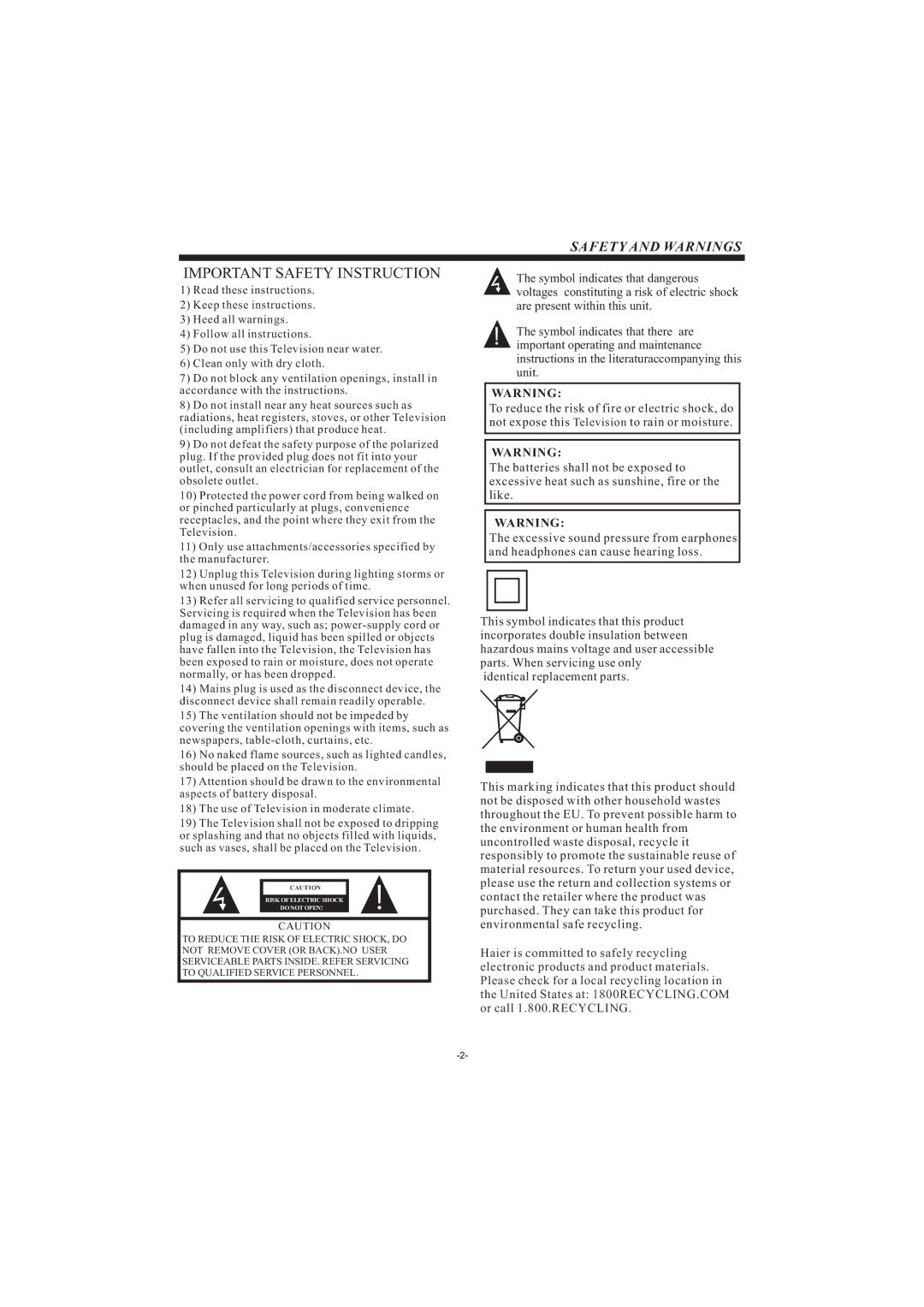 Haier LEC32B33200 manual Important Safety Instruction 