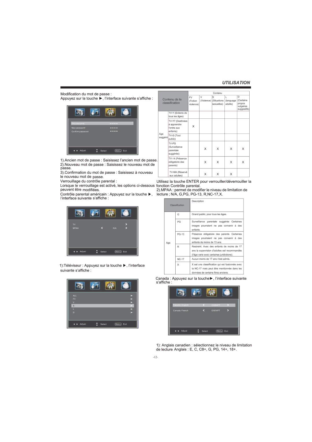 Haier LEC32B33200 manual Adjust Select Menu Exit Canada English 