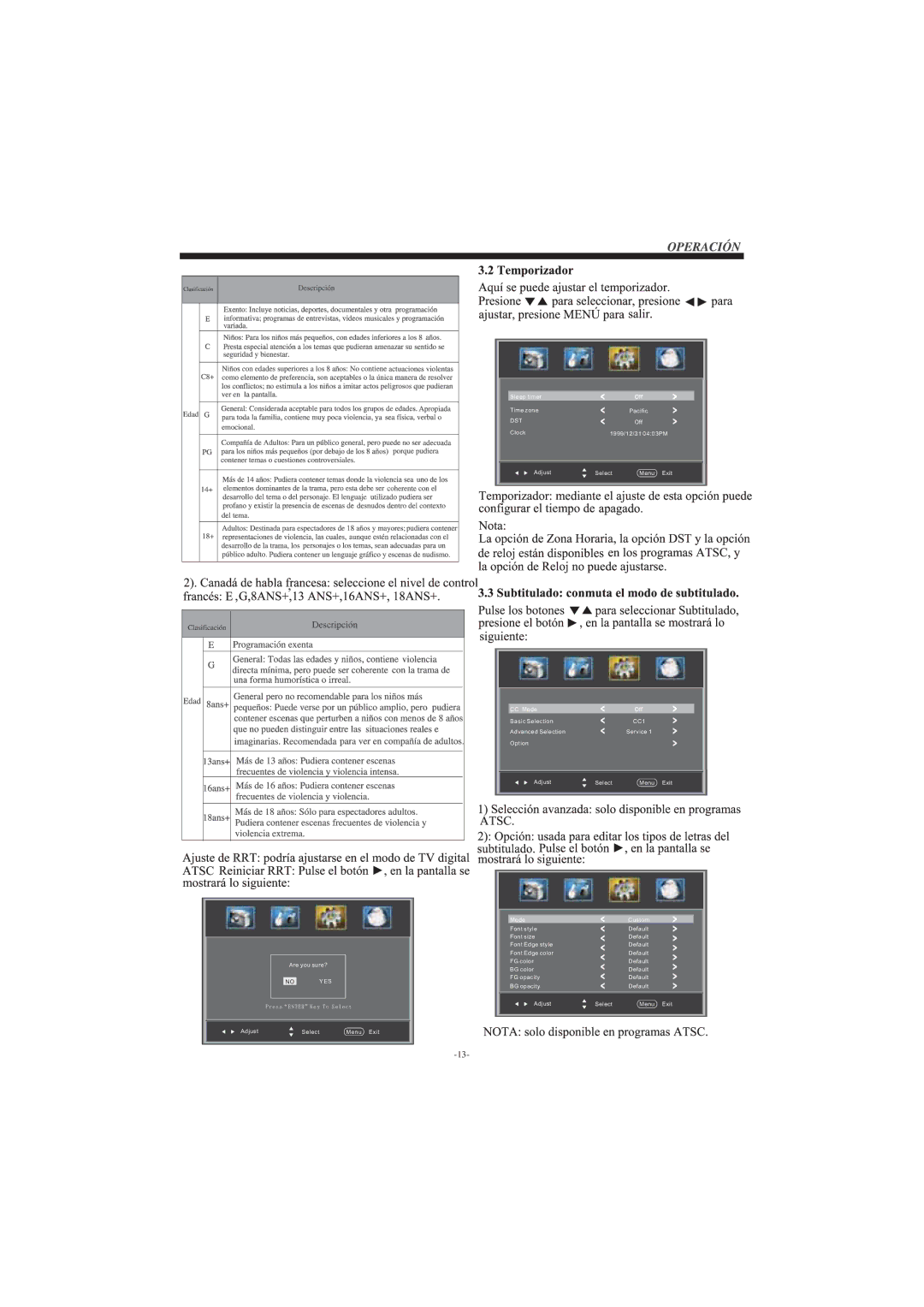 Haier LEC32B33200 manual Adjust Select Menu Exit Sleep timer Off Time zone Pacific 