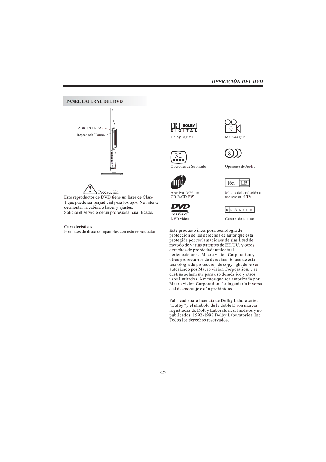 Haier LEC32B33200 manual Panel Lateral DEL DVD 