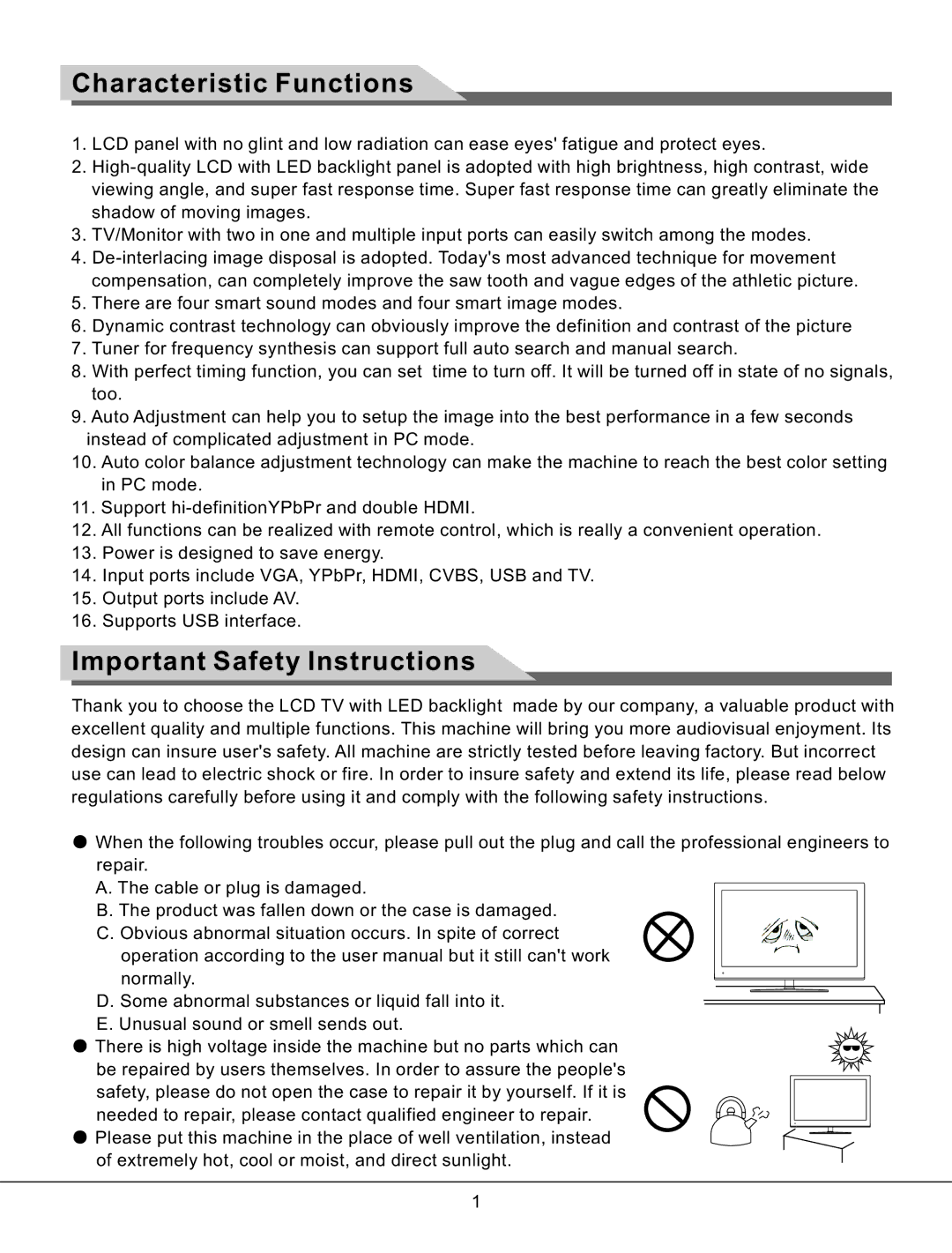 Haier LE37K800, LE55K800, LE42K800, LE47K800, LE32K800, LE26K800 manual Characteristic Functions, Important Safety Instructions 