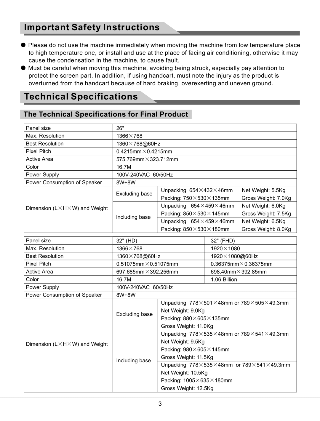 Haier LE26K800, LE55K800, LE42K800, LE47K800, LE37K800, LE32K800 manual Technical Specifications for Final Product 