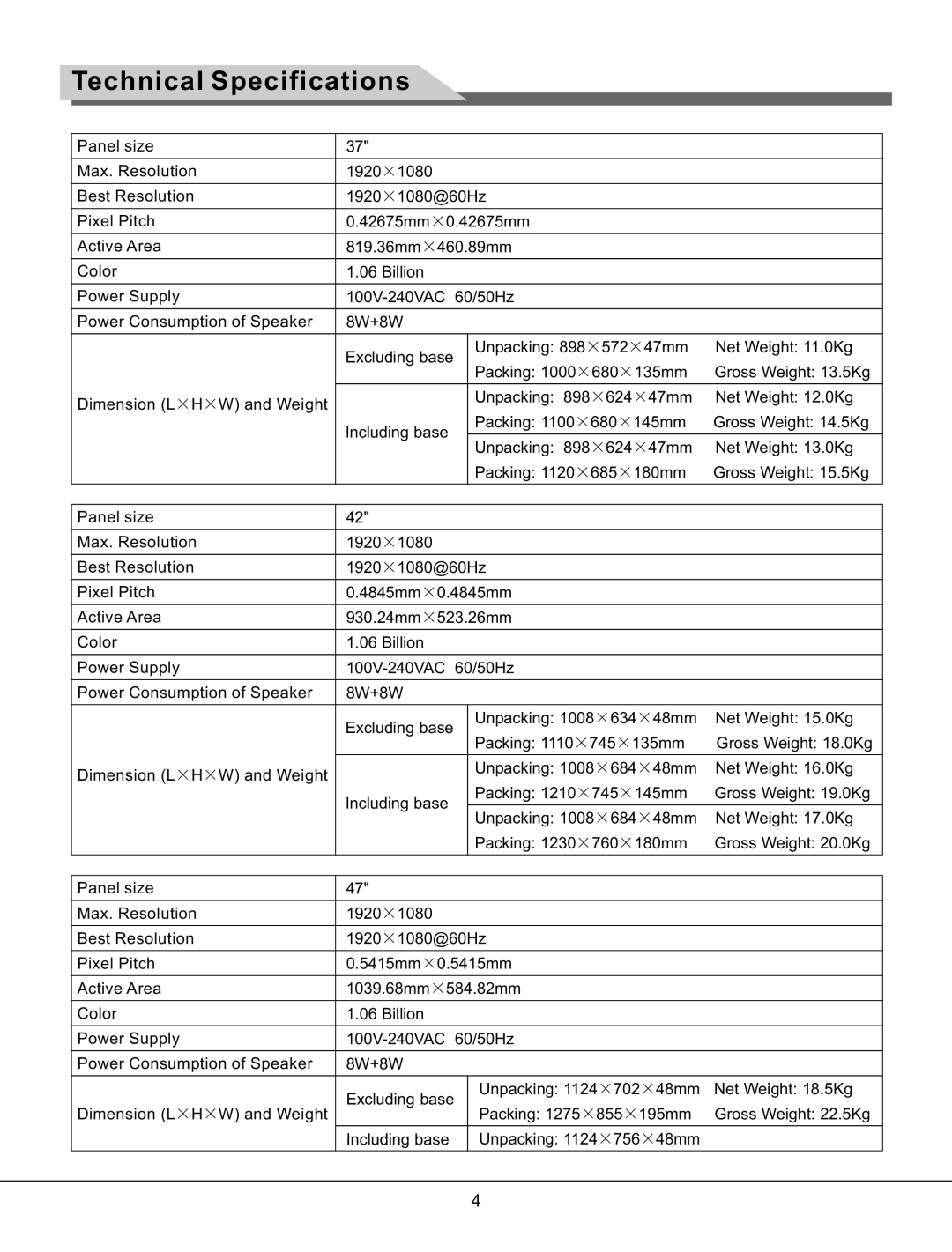 Haier LED Backlight LCD Televison, LE55K800, LE42K800, LE47K800, LE37K800, LE32K800, LE26K800 manual Technical Specifications 